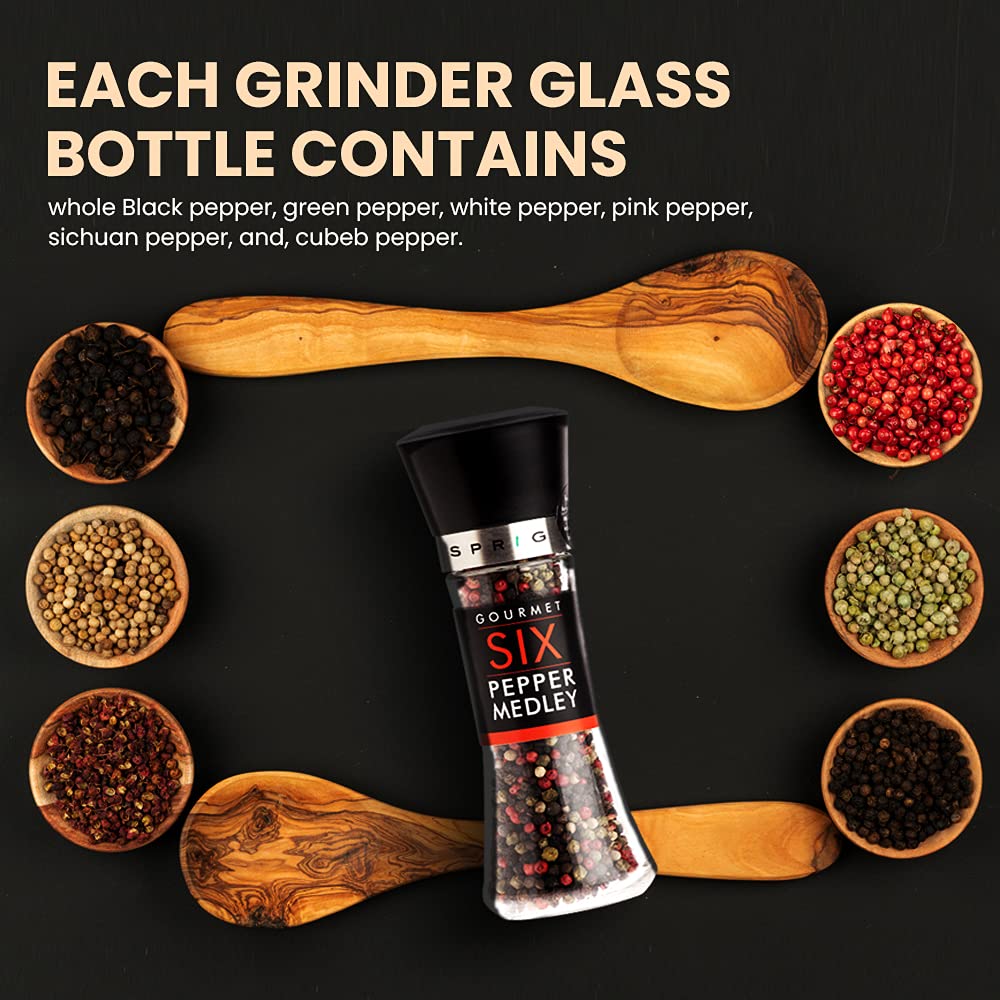 Premium Sprig Gourmet Six Pepper Medley - Rainbow Peppercorn Blend (Black, White, Pink, Green, Sichuan, Cubeb) | Whole Dried Peppercorns with Glass Grinder Bottle | Adjustable Coarseness | 85g | Perfect for Steak, Pasta & Gourmet Cooking