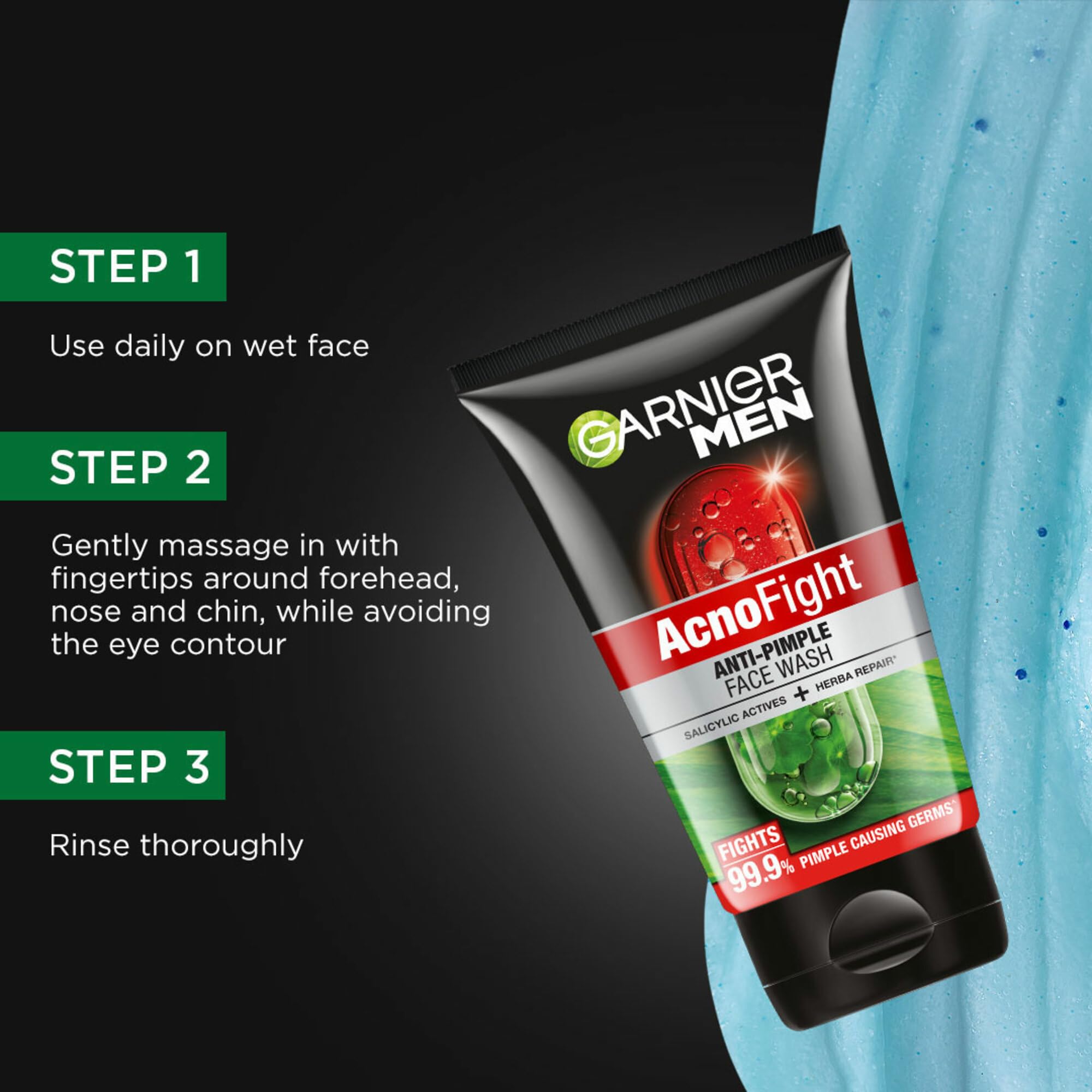 Garnier Men Acno Fight Anti Pimple Face Wash with Salicylic Acid & Herba Repair - 150g Oil-Free Cleanser for Acne-Prone Skin | Daily Skincare Routine for Men, Prevents Breakouts & Soothes Irritation