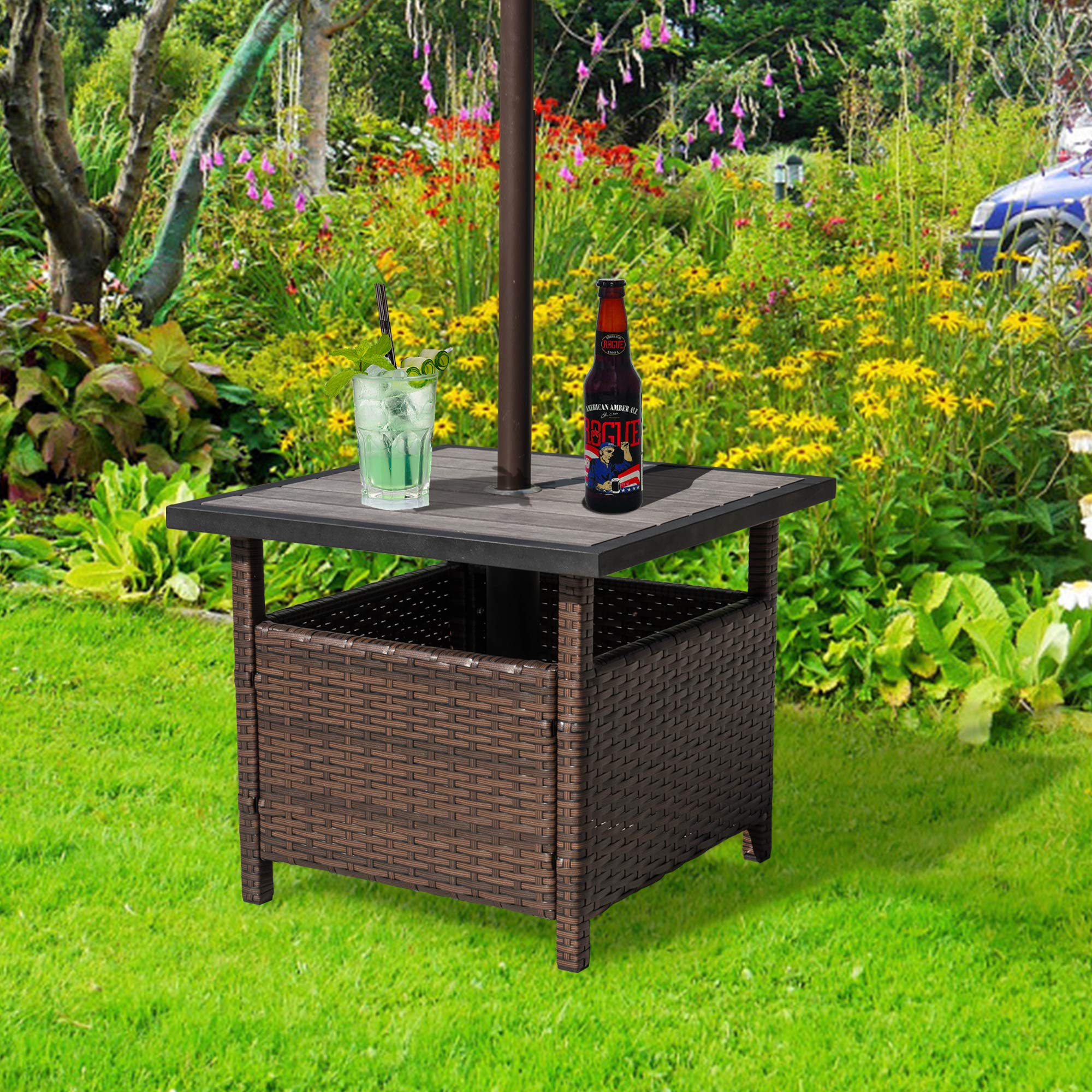Small Patio End Table with 1.89 Inch Umbrella Hole - Outdoor Rattan Wicker Side Table with Steel & Wood Base - Perfect for Poolside, Garden, and Balcony Use
