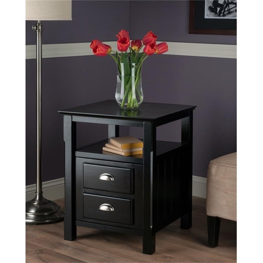 Pemberly Row Transitional Solid Wood Nightstand with 2 Drawers in Black - Stylish Bedside Table for Bedroom Furniture & Home Decor