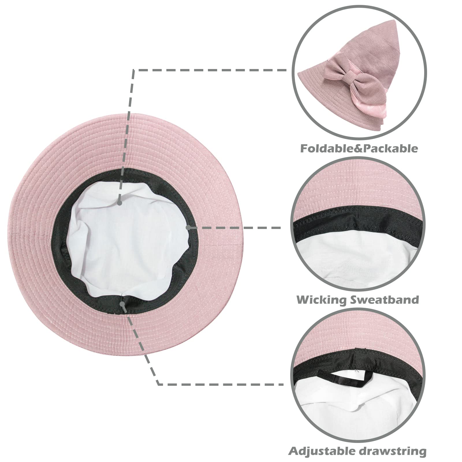 Women's Foldable Wide Brim Sun Hat - Kentucky Derby, Beach, Church & Outdoor Activities - UV Protection Bucket Hat for Ladies - Cloche Bowler Style with Bow Detail
