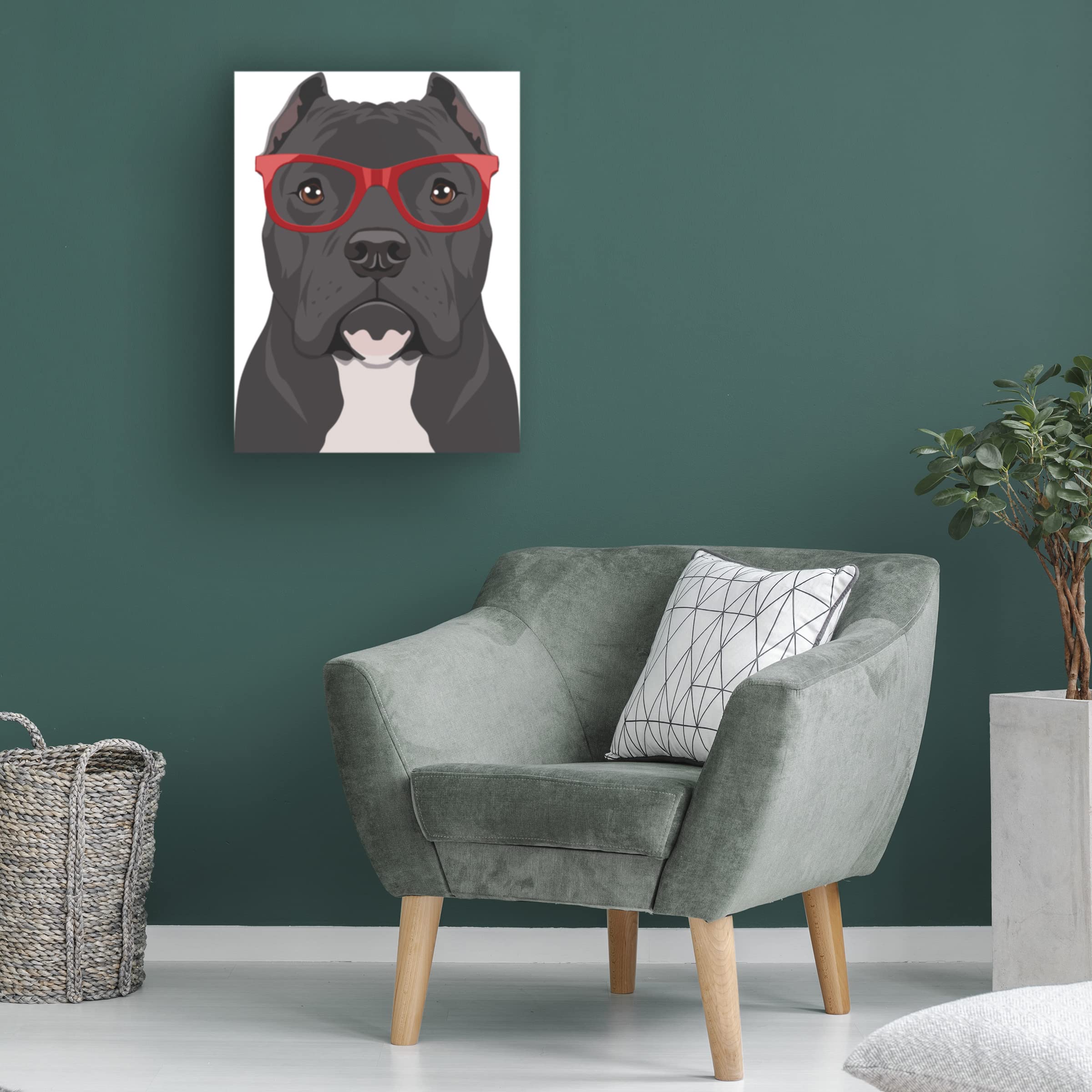 Pitbull Wearing Hipster Glasses Canvas Wall Art - Funny Dog Portrait Painting for Living Room, Office & Gifts - Premium Trademark Fine Art by Furbaby Affiliates