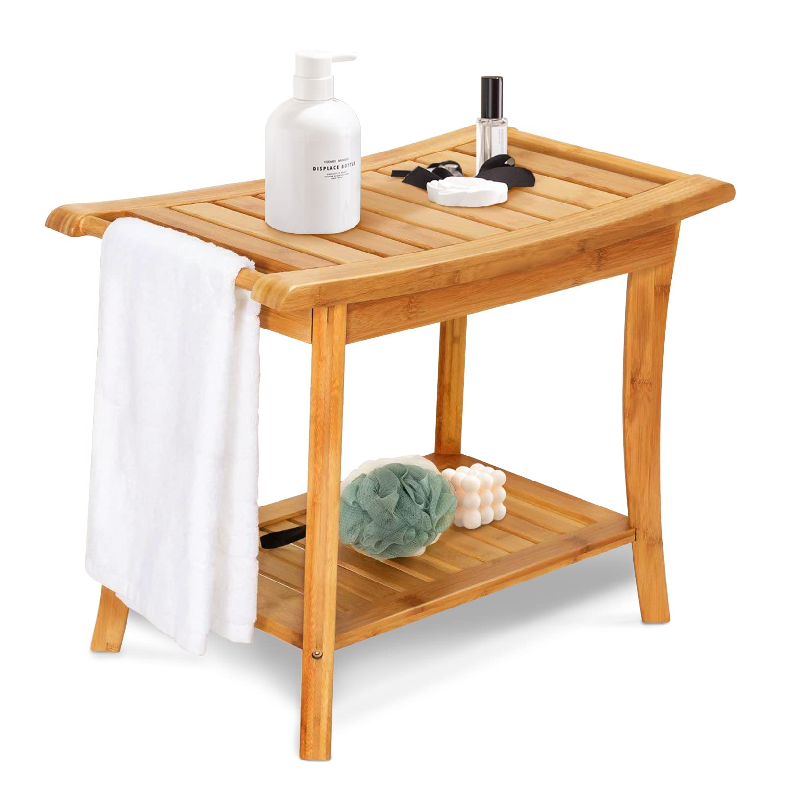 Gnomiya Bamboo Shower Bench with Handles & Storage Shelf - Wooden Shower Stool Seat for Bathroom, Spa, Shaving Legs & Relaxation - Non-Slip Bath Chair for Elderly & Disabled (Perfect for Small Spaces & Wet Rooms)