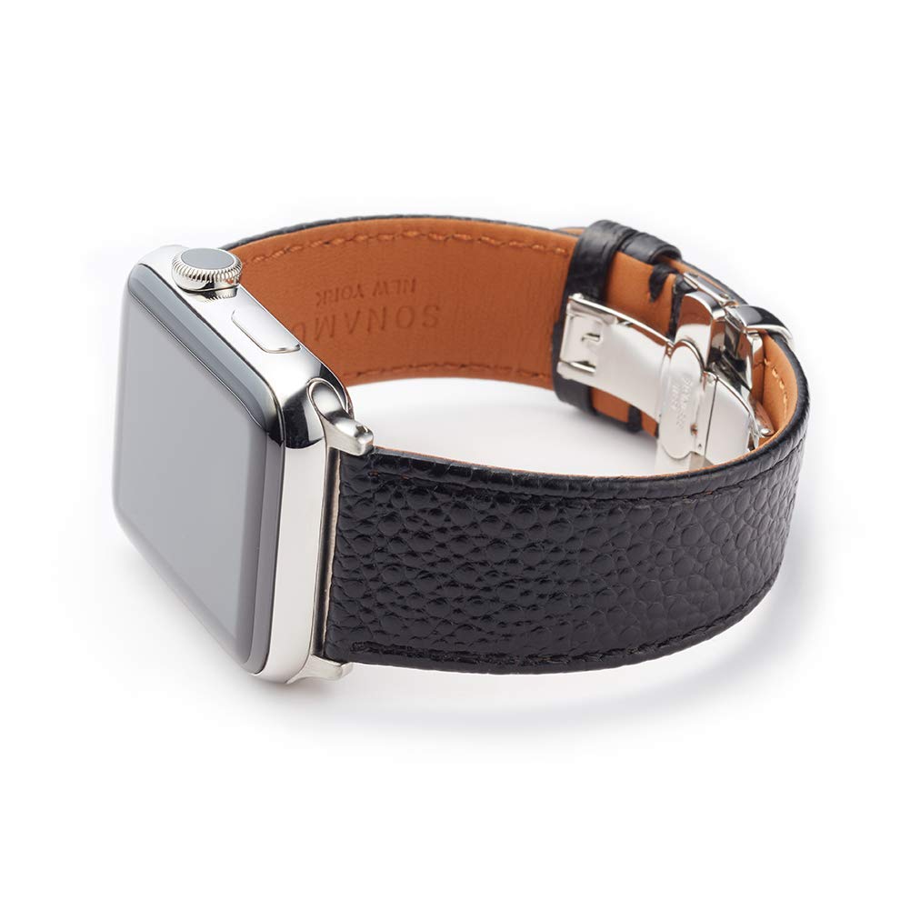 Premium Italian Caviar Leather Strap for Apple Watch 42mm - Stainless Steel Buckle, Black | Luxury Replacement Band for Work, Gym & Everyday Wear