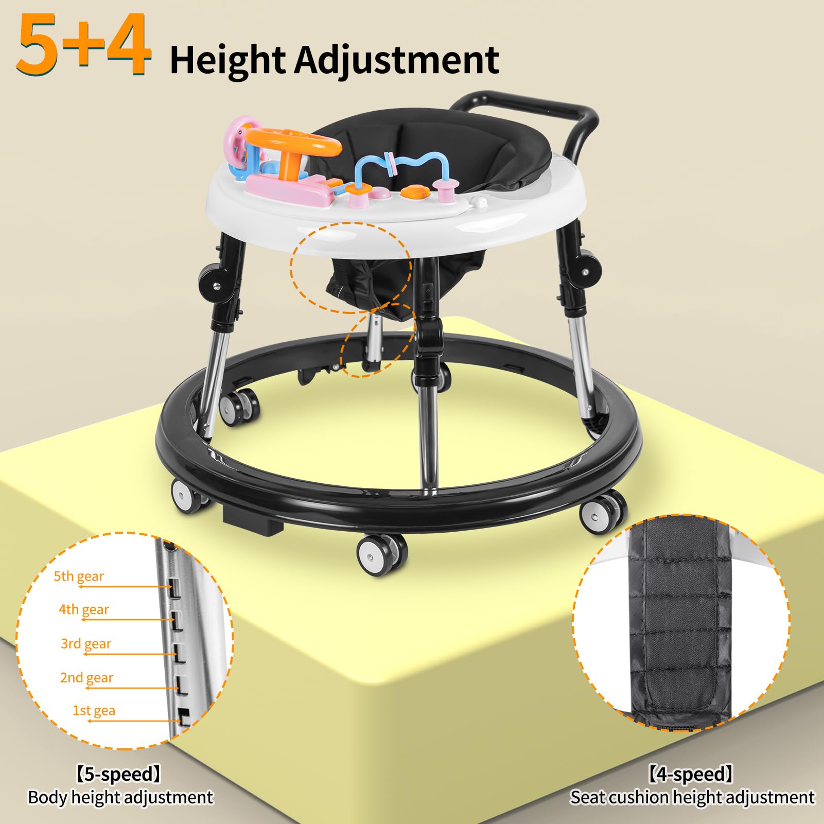 Foldable 9-Speed Adjustable Baby Walker with Wheels & Music - Anti-Fall Infant Activity Center with Foot Pads for Boys & Girls 6-24 Months - Perfect for Learning to Walk & Indoor Playtime