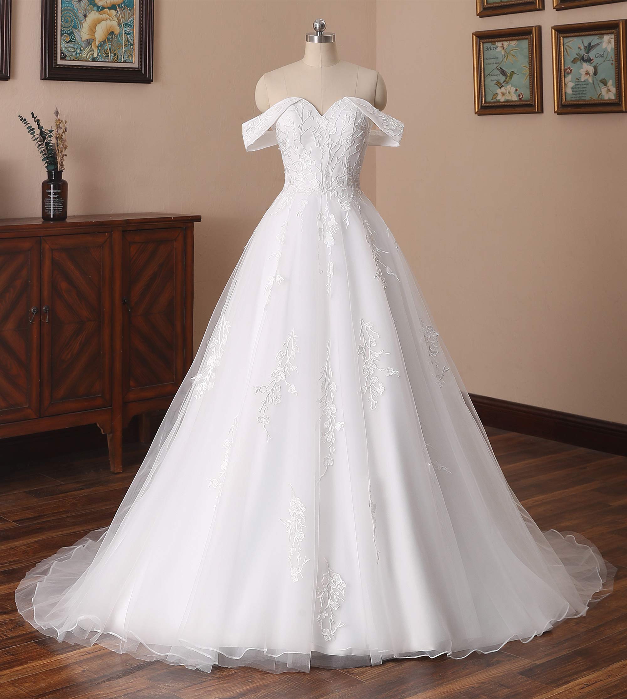 Elegant A-Line Lace Train Wedding Dress for Bride – Off Shoulder Strapless Tulle Gown with Applique Details | Perfect for Beach, Church, and Formal Wedding Ceremonies