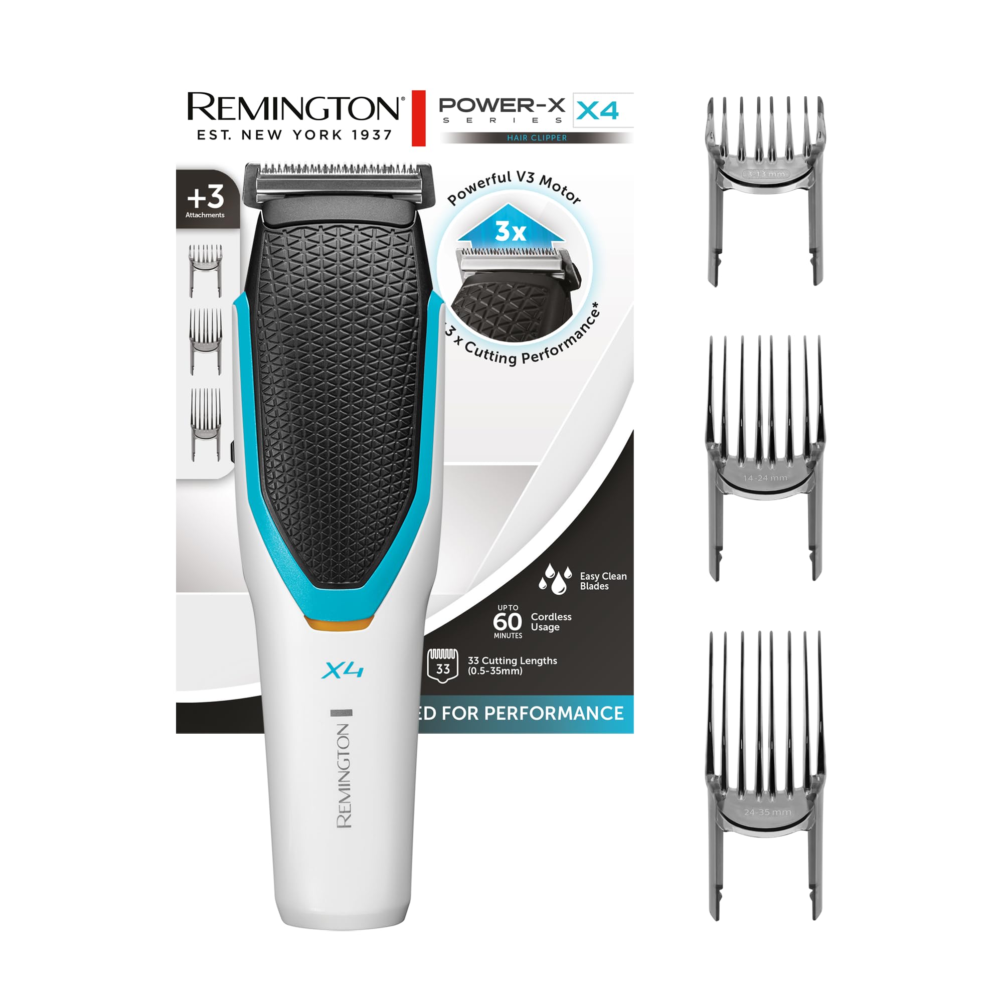 Remington Professional X4 Hair Trimmer with 3 Adjustable Combs (3-35mm) - Japanese Stainless Steel Blades, Cordless & Battery Powered - HC4000 Power X Series - Perfect for Home Haircuts, Beard Trimming & DIY Grooming