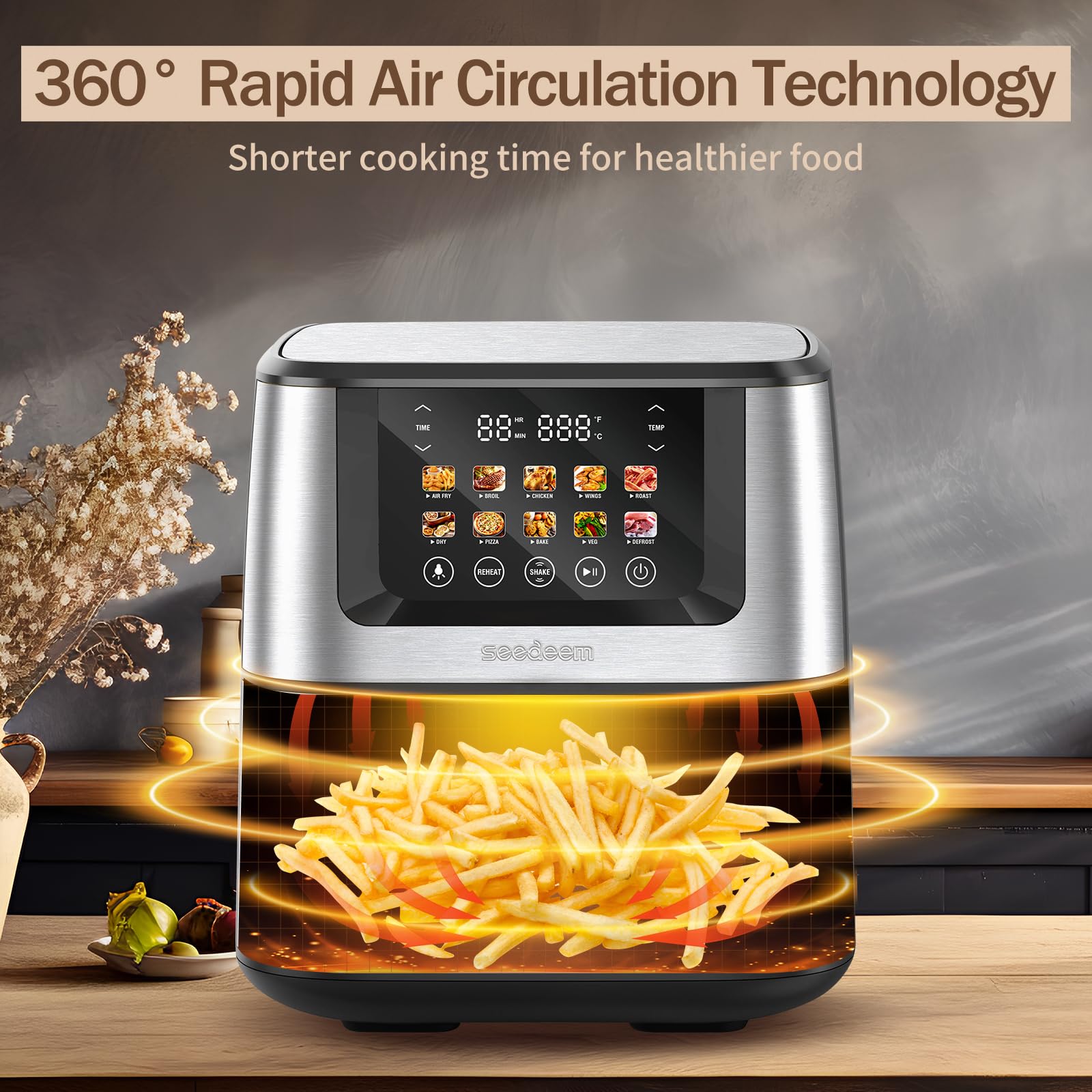 SEEDEEM Max XL 8 Quart Air Fryer Toaster Oven Combo - 10-in-1 Multi-Function Countertop Convection Oven with LCD Touchscreen, Clear Cooking Window (Bake, Roast, Broil, Dehydrate) - Perfect for Family Cooking, Meal Prep & Healthy Eating - Silver