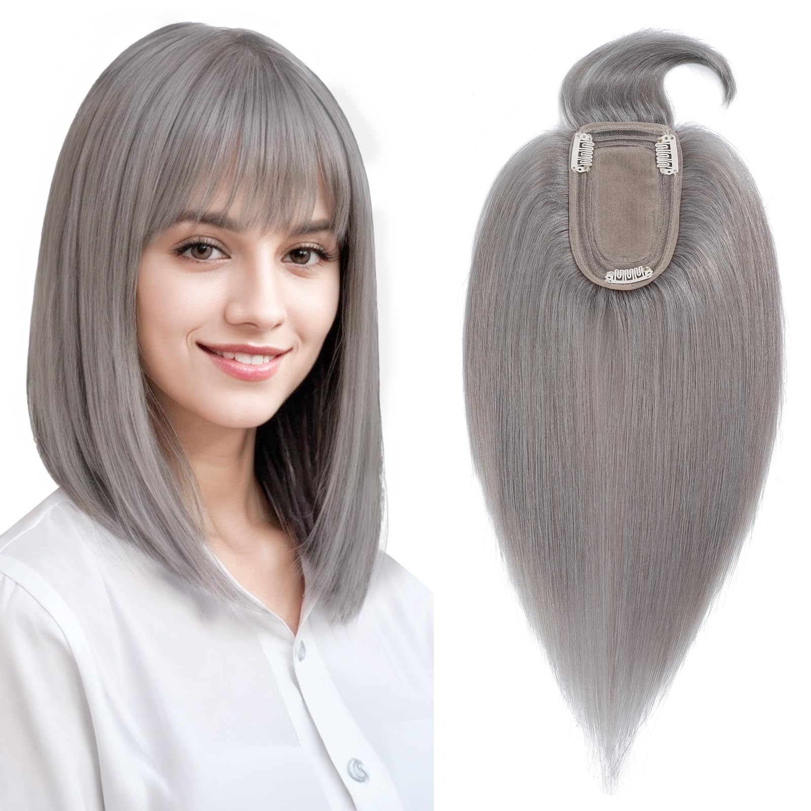 Benehair Clip in Hair Topper with Bangs - 100% Human Hair Top Hairpiece for Women with Thinning Hair | 10 Inch 33g Grey Wiglet | Natural Fringe Bang Replacement | Perfect for Daily Wear, Special Occasions & Hair Loss Solutions