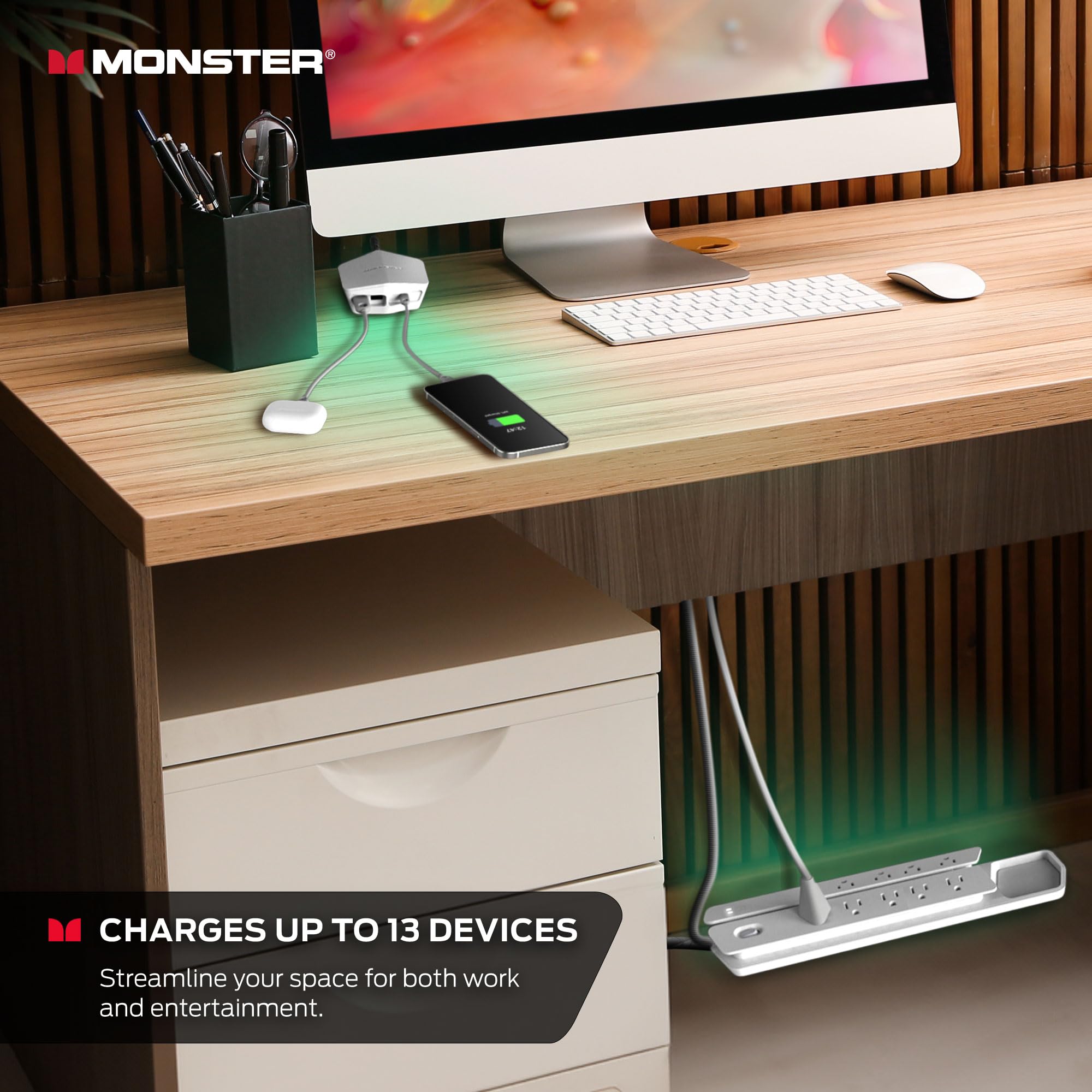 Monster Power Center Vertex XL Surge Protector - 10 AC Outlets, 2 USB-A & 1 USB-C Port (20W) Detachable USB Power Strip for Home, Office & Gaming Setup | Protects Electronics from Power Surges