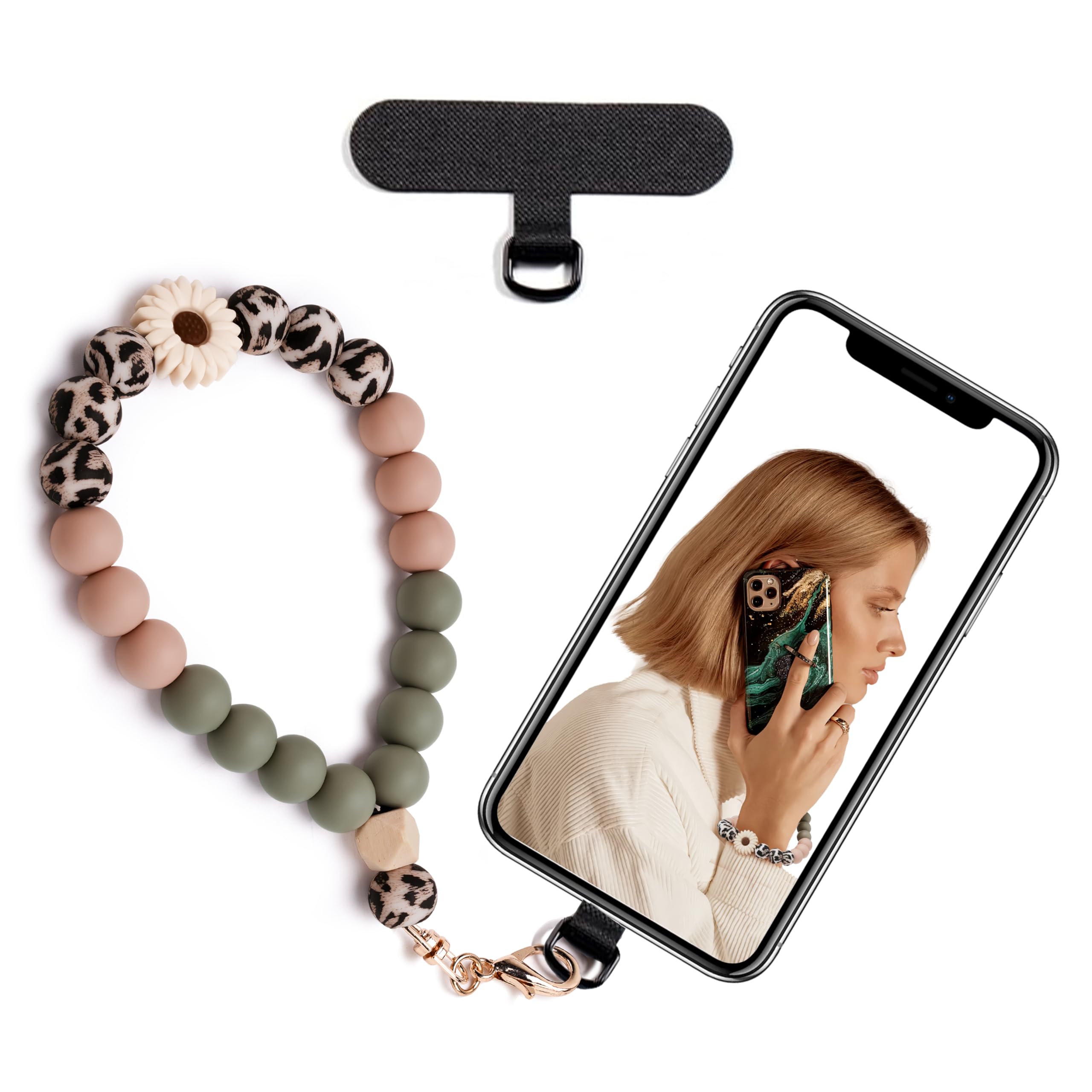 Silicone Beaded Phone Wrist Strap with Tether Tab - Elastic Hands-Free Phone Wristlet Strap for Smartphones (Daisy Leopard) - Perfect for Gym, Running, Shopping & Travel