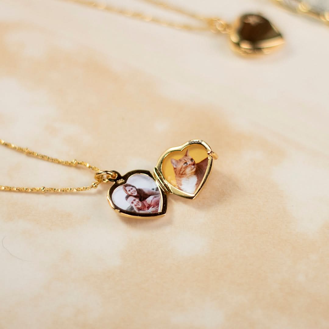 2 Photo Diamond Heart Locket Necklace in Gold - Personalized Engraved Jewelry Gift for Women - Perfect for Anniversaries, Valentine's Day & Special Occasions