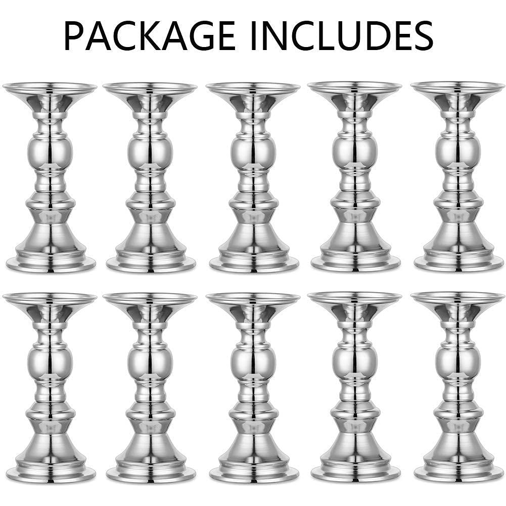 2/4/10 Pcs Gold Metal Pillar Candle Holders - Elegant Wedding Centerpieces & Candlestick Stands for Special Events, Parties, Home Decor and Romantic Dinner Table Settings (Silver, 10 Pcs)