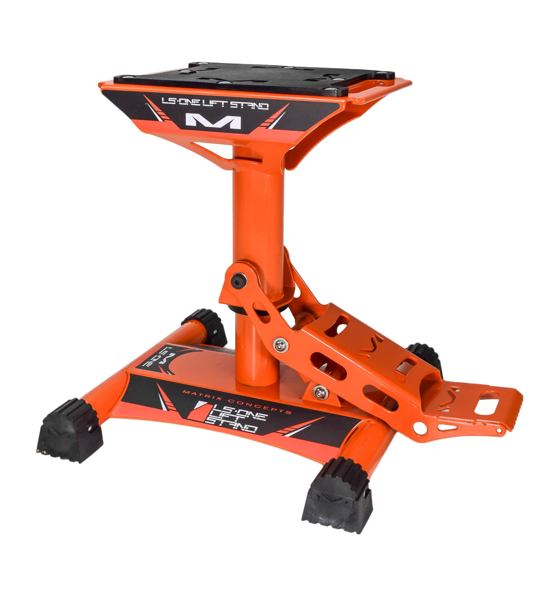 Matrix Concepts LS1 Dirt Bike Lift Stand - Heavy Duty Carbon Steel Construction, 500 lbs Weight Capacity for Motorcycles & Mini Bikes - Includes Sticker Pack (Orange) - Perfect for Garage Maintenance & Off-Road Bike Storage