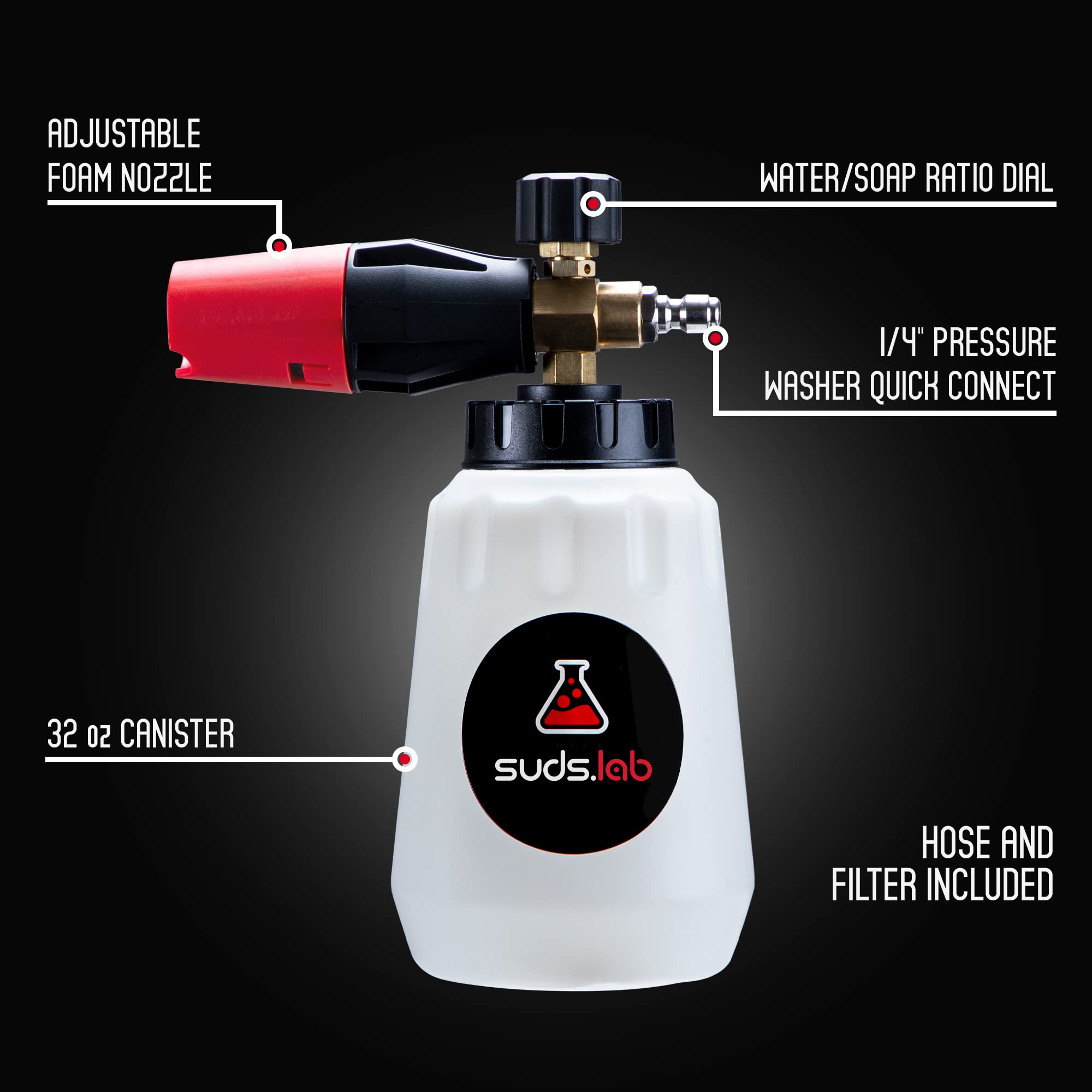 Suds Lab F1 Professional Foam Cannon for Pressure Washer - 32oz Detergent Canister, Adjustable Foam Nozzle, Quick Connect - Perfect for Car Washing, Driveway Cleaning & Outdoor Surface Detailing
