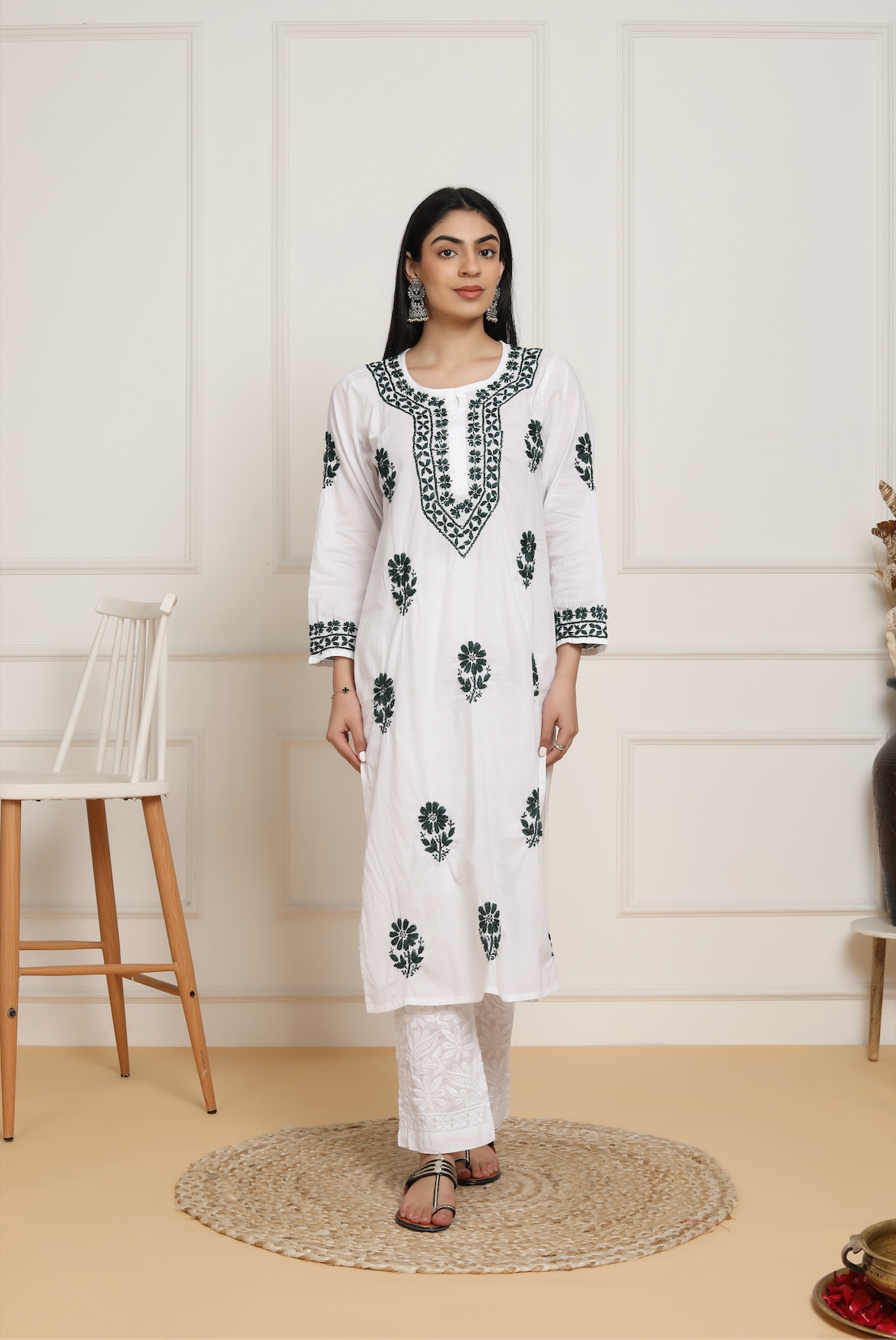 Women's Saba Chikankari Mul Cotton Kurta Set - White & Black Ethnic Embroidered Outfit for Casual Wear, Parties & Festivals