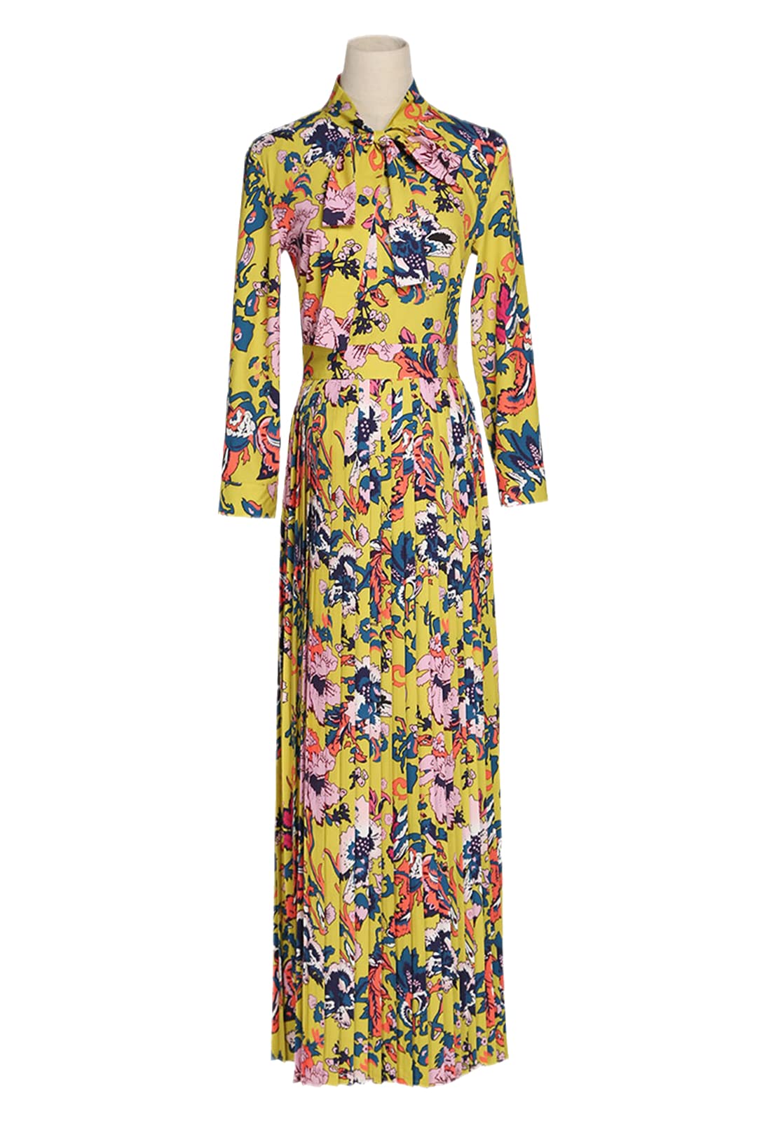 Elegant European Women's Floral Print Long Dress with Full Sleeves & Bow Detail - Yellow Pleated Summer Dress for Parties, Weddings & Casual Outings