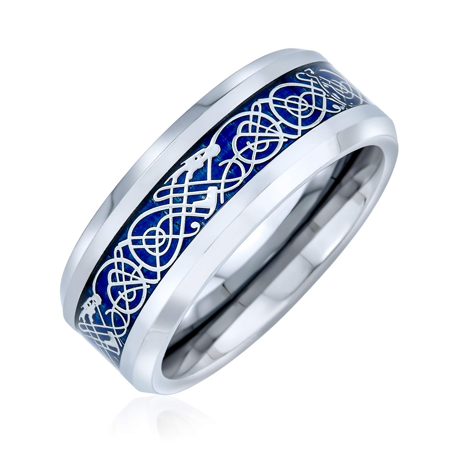Personalized Two-Tone Celtic Knot Dragon Carbon Fiber Inlay Titanium Wedding Band Rings for Men & Women - Comfort Fit 8MM Wide in Blue, Black & Gold | Couples Rings, Anniversary Gift, Unique Jewelry for Weddings & Special Occasions