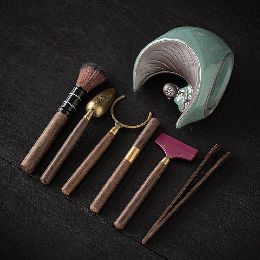 Premium Ebony Wood Tea Set with Moon and Monk Holder - Traditional Japanese Tea Ceremony Accessories for Matcha & Green Tea Lovers