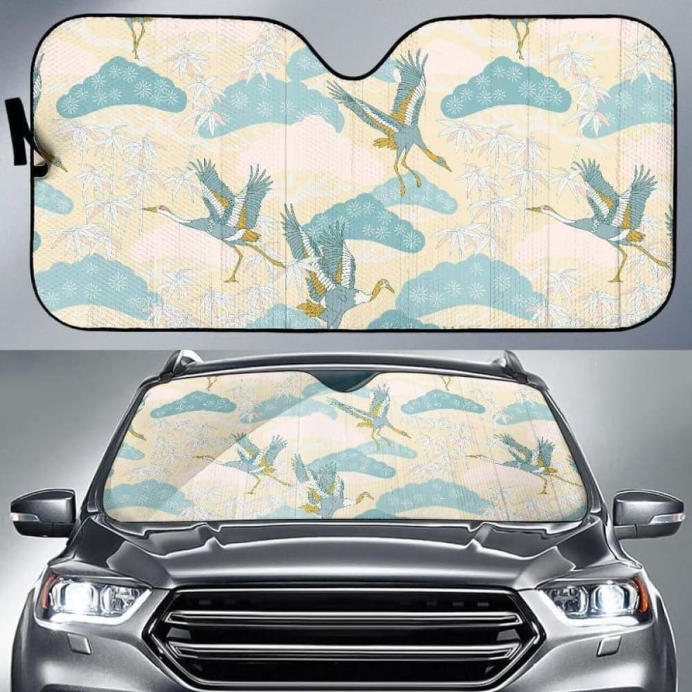 Japanese Bonsai Bamboo Stork Pattern Car Sun Shades - UV Protection for Windshield & Windows - Perfect for Summer Driving, Travel, and Outdoor Parking