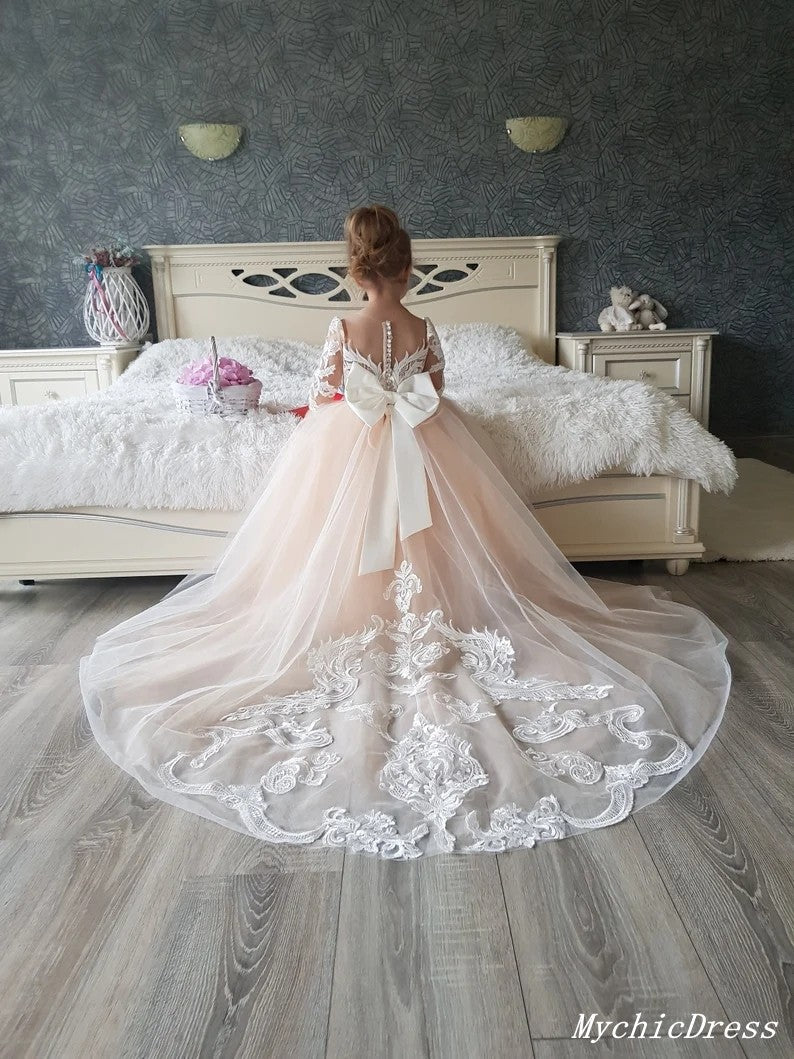 Affordable Long Sleeve Princess Lace Flower Girl Dresses with Detachable Train - Perfect for Weddings, Baptisms & Special Occasions