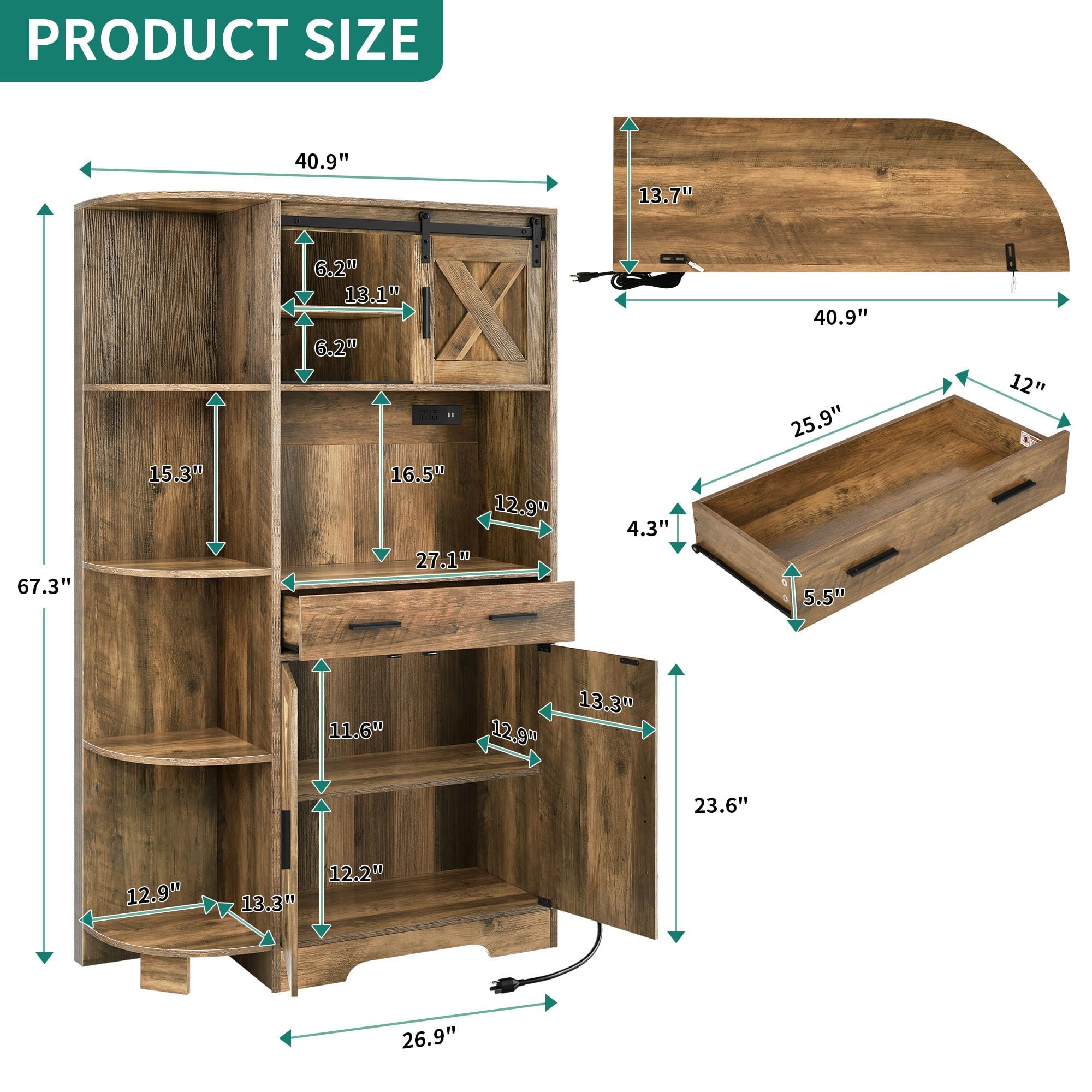 YITAHOME 67 Inch Farmhouse Kitchen Pantry Cabinet with Sliding Barn Door & Power Outlet - Freestanding Storage Hutch with Shelves, Drawers - Microwave Stand, Large Cupboard for Dining Room & Kitchen - Oak Finish - Perfect for Small Space Organization & Home Decor