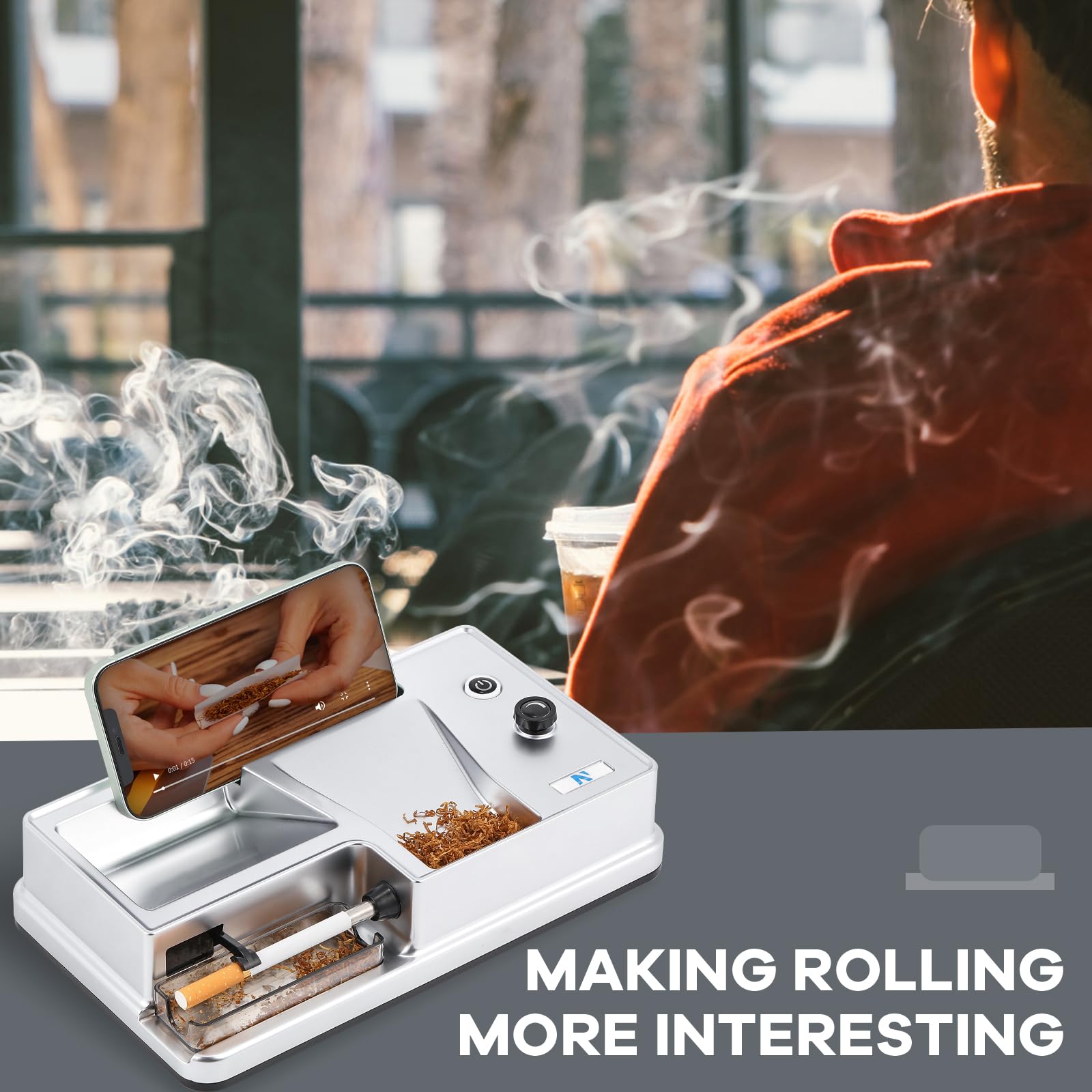 NEWTRY Electric Automatic Tobacco Roller with Infrared Sensor - Portable Cigarette Rolling Machine with 1 Brush & 1 Stirring Rod (0.31’’ Silver) - Perfect for Home Use, Travel & DIY Cigarette Making