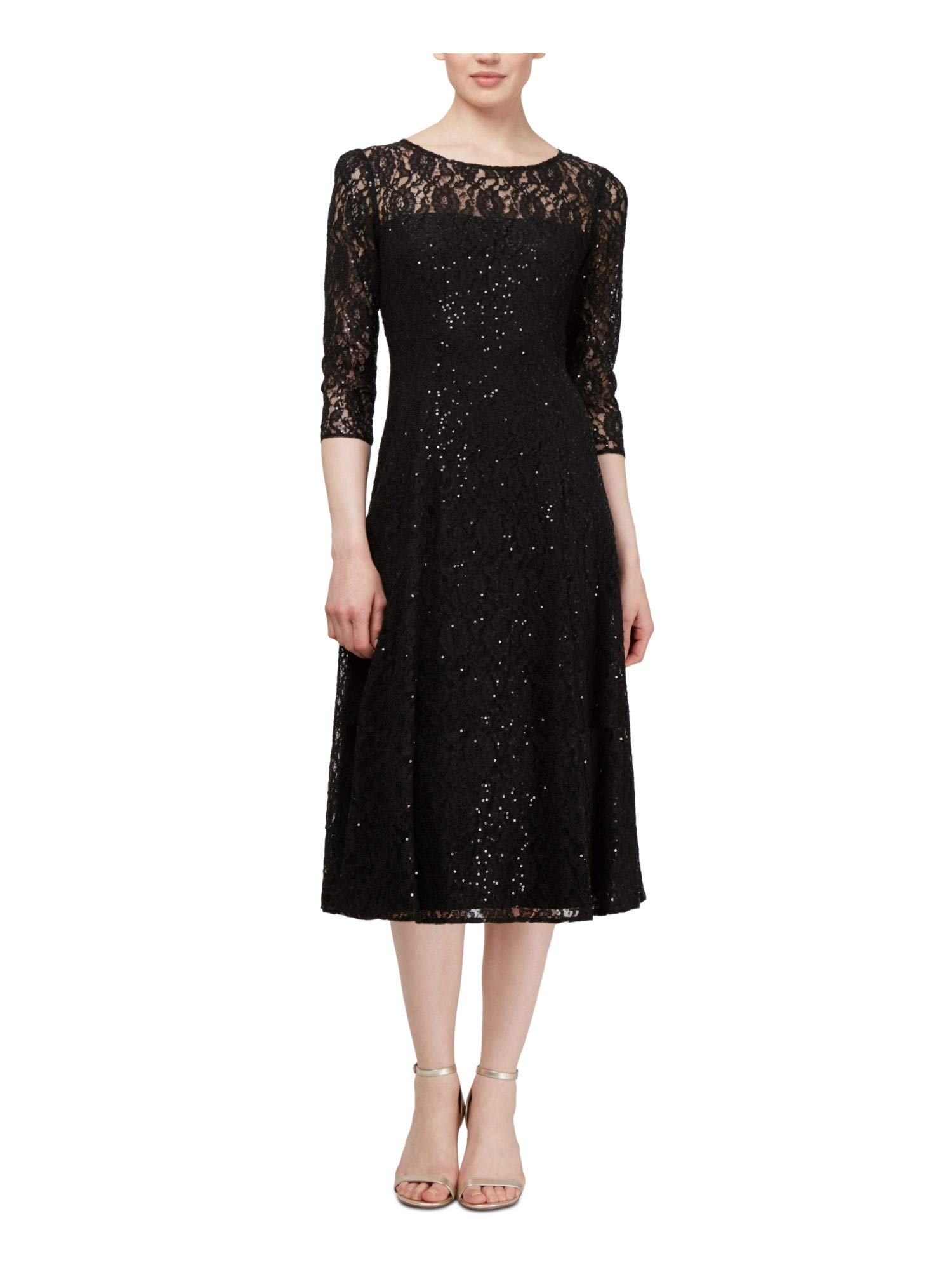 Elegant Women's Tea Length Sequin Lace Dress with Three Quarter Sleeves | Formal Occasions & Evening Parties | S.L. Fashions