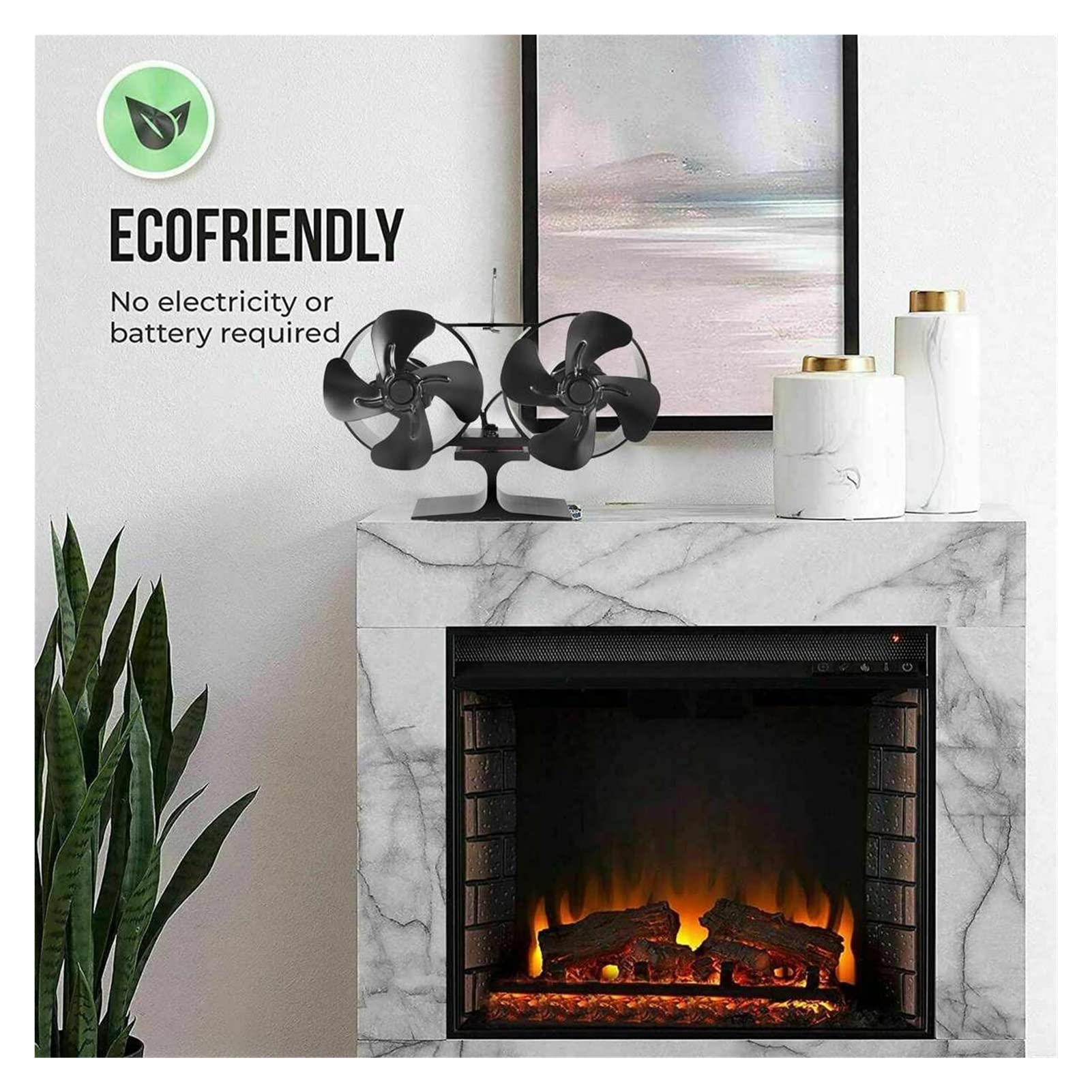 8 Blades Fireplace Fan - Dual Head Wood Stove Fan for Efficient Heat Distribution, Quiet & Eco-Friendly, Black - Perfect for Fireplace, Wood Stove, and Home Heating