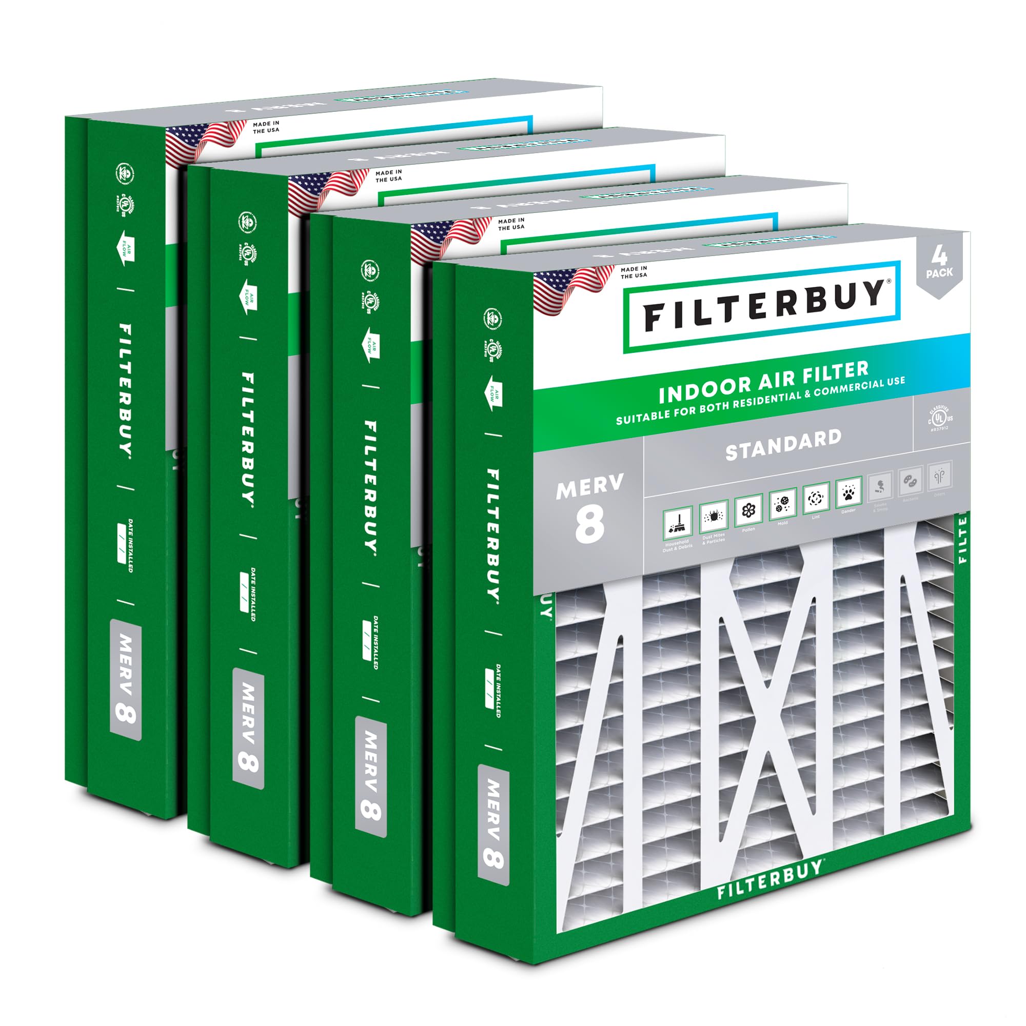 Filterbuy 21x21.5x5 MERV 8 Pleated HVAC Air Filters (4-Pack) - Dust Defense Replacement for Trane & American Standard AC Furnace - Actual Size 20x21.09x4.97 Inches - Perfect for Home, Office & Commercial HVAC Systems