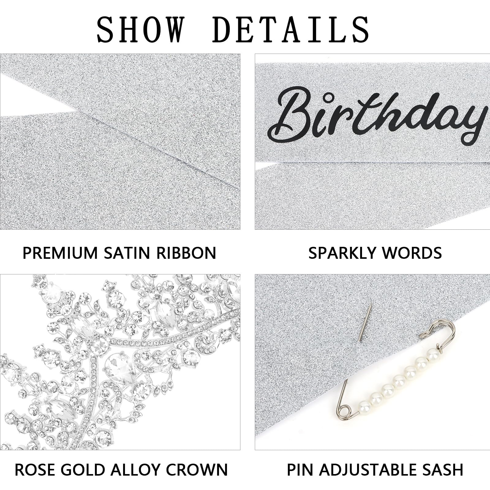CAVETEE Glitter Birthday Princess Crown & Sash Set - Sparkling Tiara with Satin Sash for Women's Birthday Party Decorations | Perfect for Princess Themed Parties, Quinceañeras & Special Celebrations
