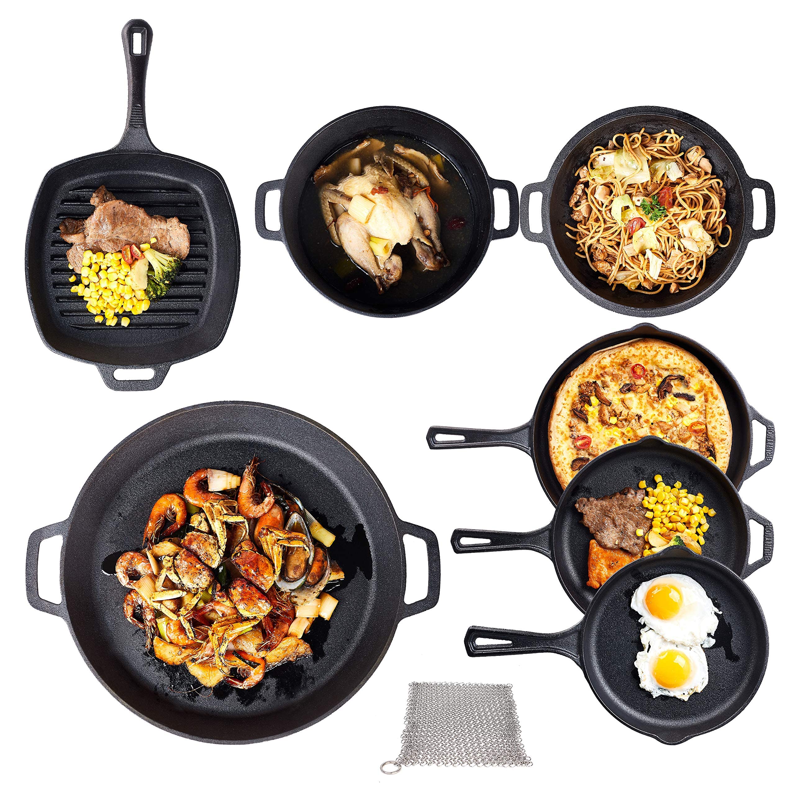 Bruntmor 8-Piece Pre-Seasoned Cast Iron Cookware Set with Skillet, Grill Pan, Dutch Oven & Utensils - Durable Iron Pots & Pans for Stovetop, Oven, Camping & Outdoor Cooking - Perfect Gift for Home Chefs & Campers