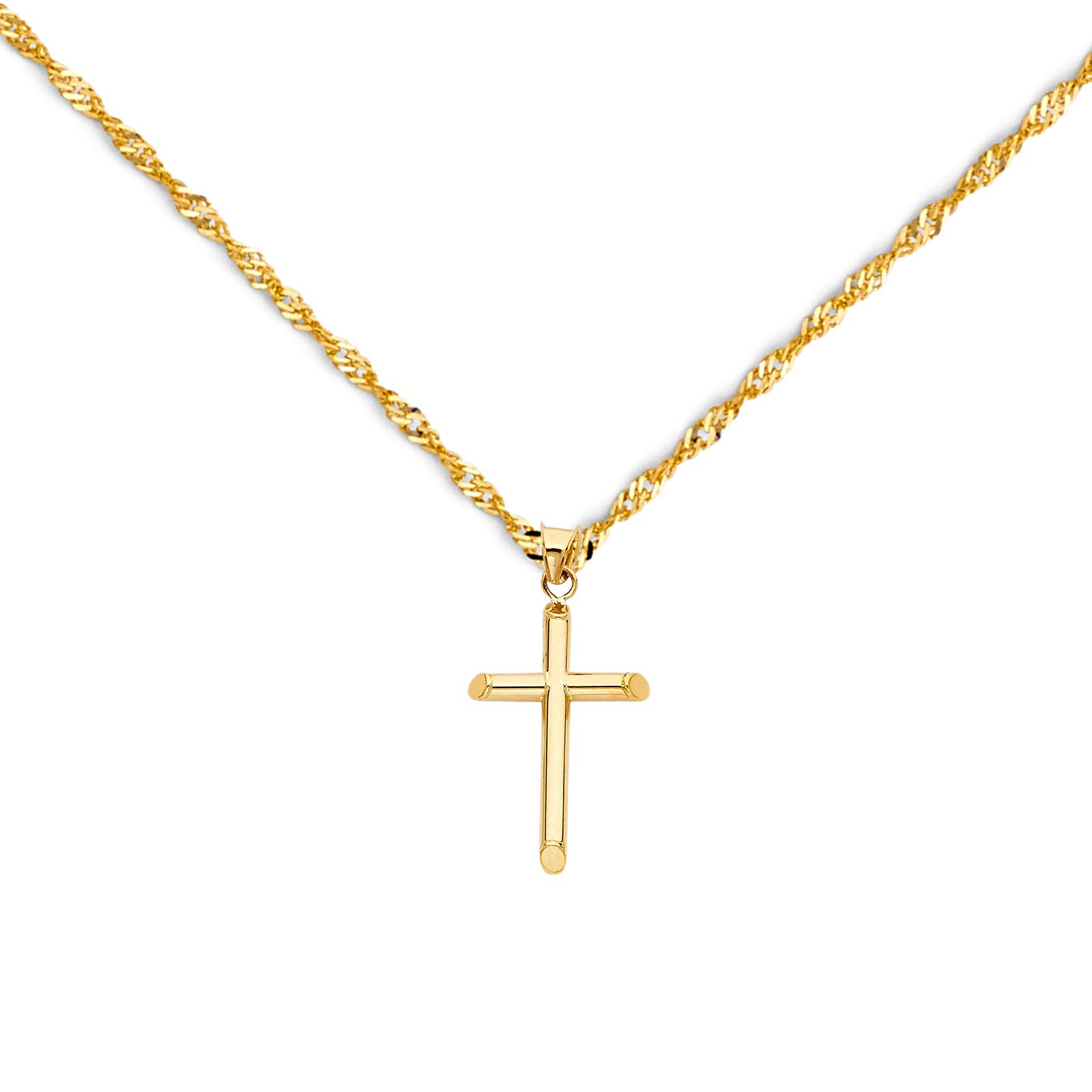 14K Yellow Gold Classic Cross Pendant with 1.2mm Singapore Chain Necklace - Elegant Religious Jewelry Gift for Women, Perfect for Baptism, Confirmation & Everyday Wear