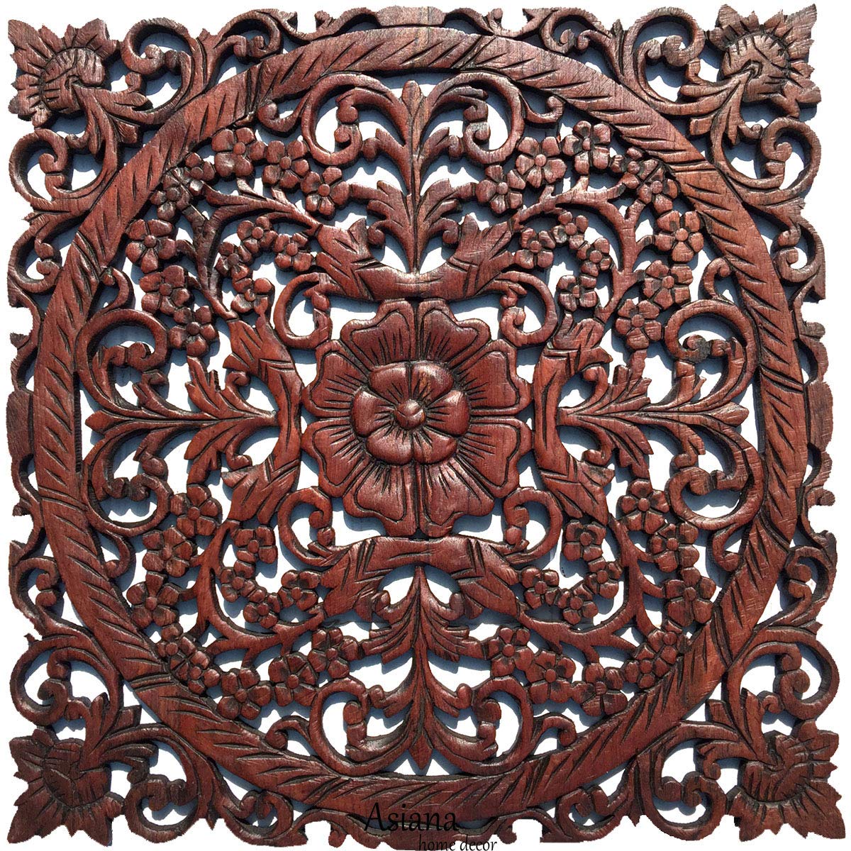 Oriental Carved Wood Wall Art - Floral Asian Home Decor for Living Room