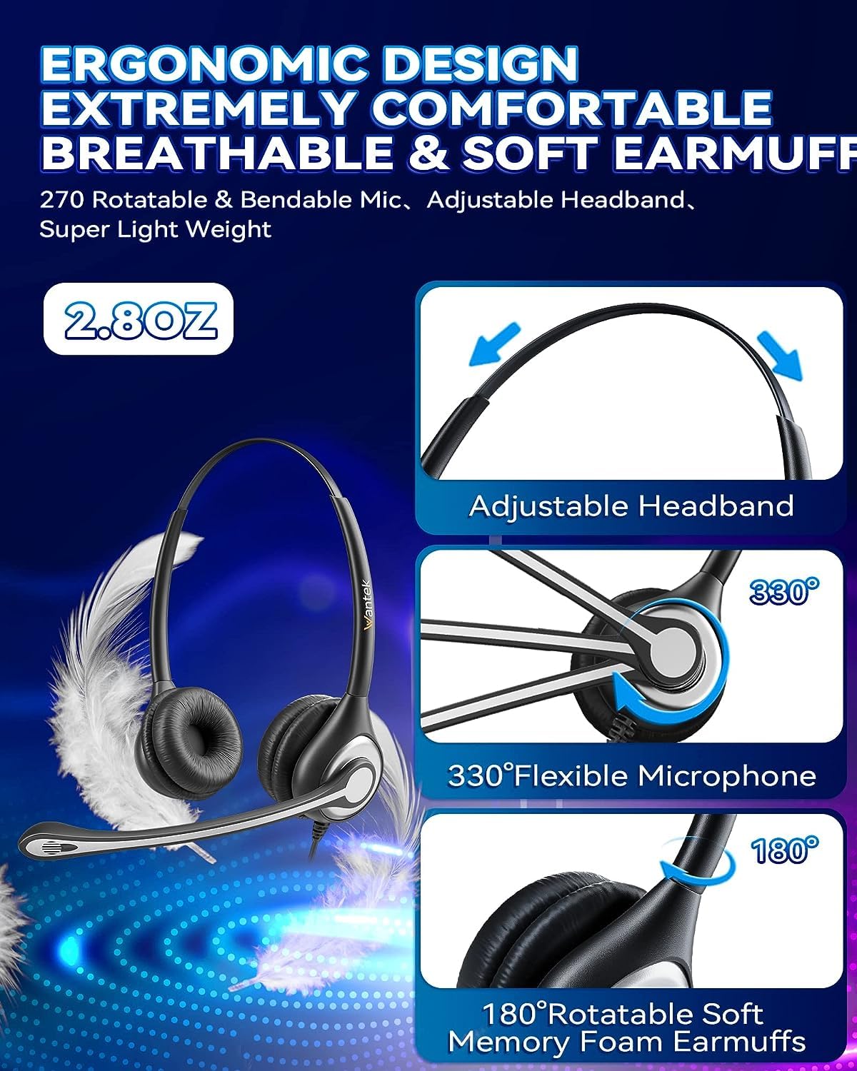 Wantek Noise Cancelling Wired Phone Headset with Microphone - RJ9 Compatible with Cisco IP Phones 6851 7821 7841 7861 7940 7942 7945 7962 7965 8811 8841 8845 8851 9971 - Ideal for Call Centers, Office Communications & Customer Service