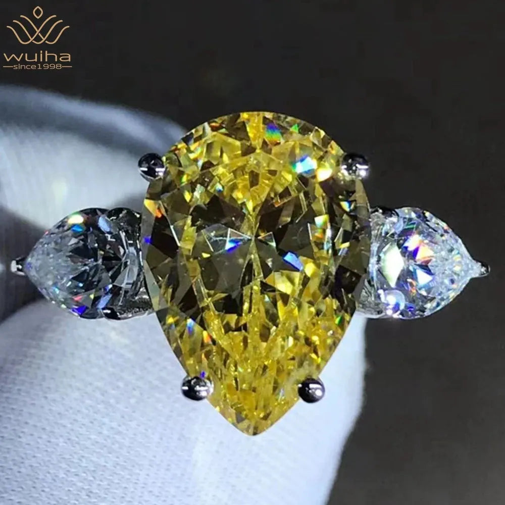 WUIHA Classic 925 Sterling Silver 3EX Pear Cut 6CT VVS Yellow Created Moissanite Wedding Engagement Ring - Customizable Fine Jewelry for Proposals, Anniversaries & Special Occasions