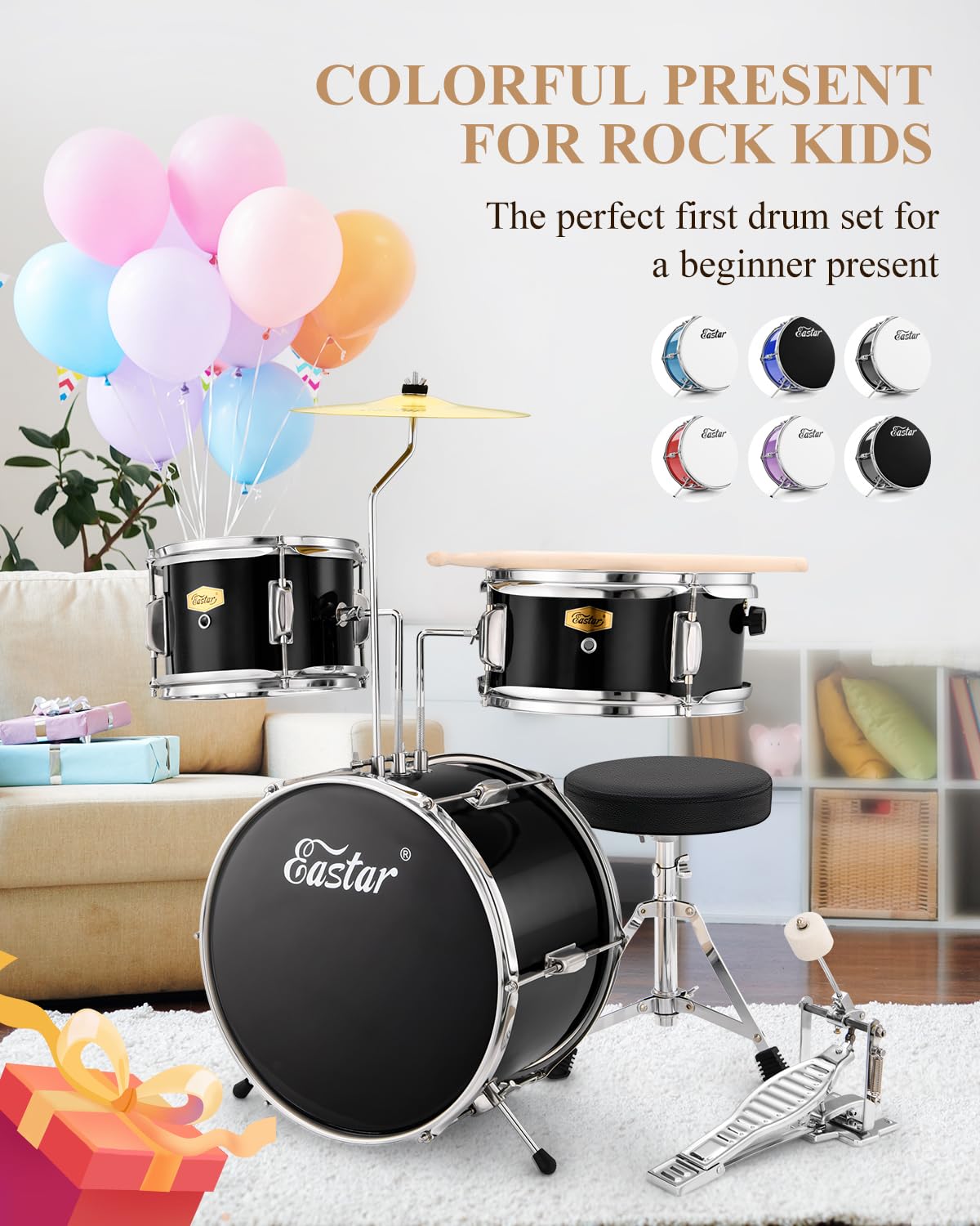 Eastar 14'' Kids Beginner Drum Set - 3 Piece with Bass, Tom, Snare Drum, Adjustable Throne, Cymbal, Pedal & 2 Pairs Drumsticks - Metallic All Black - Perfect for Home Practice, Music Lessons & First Drum Kit for Young Musicians