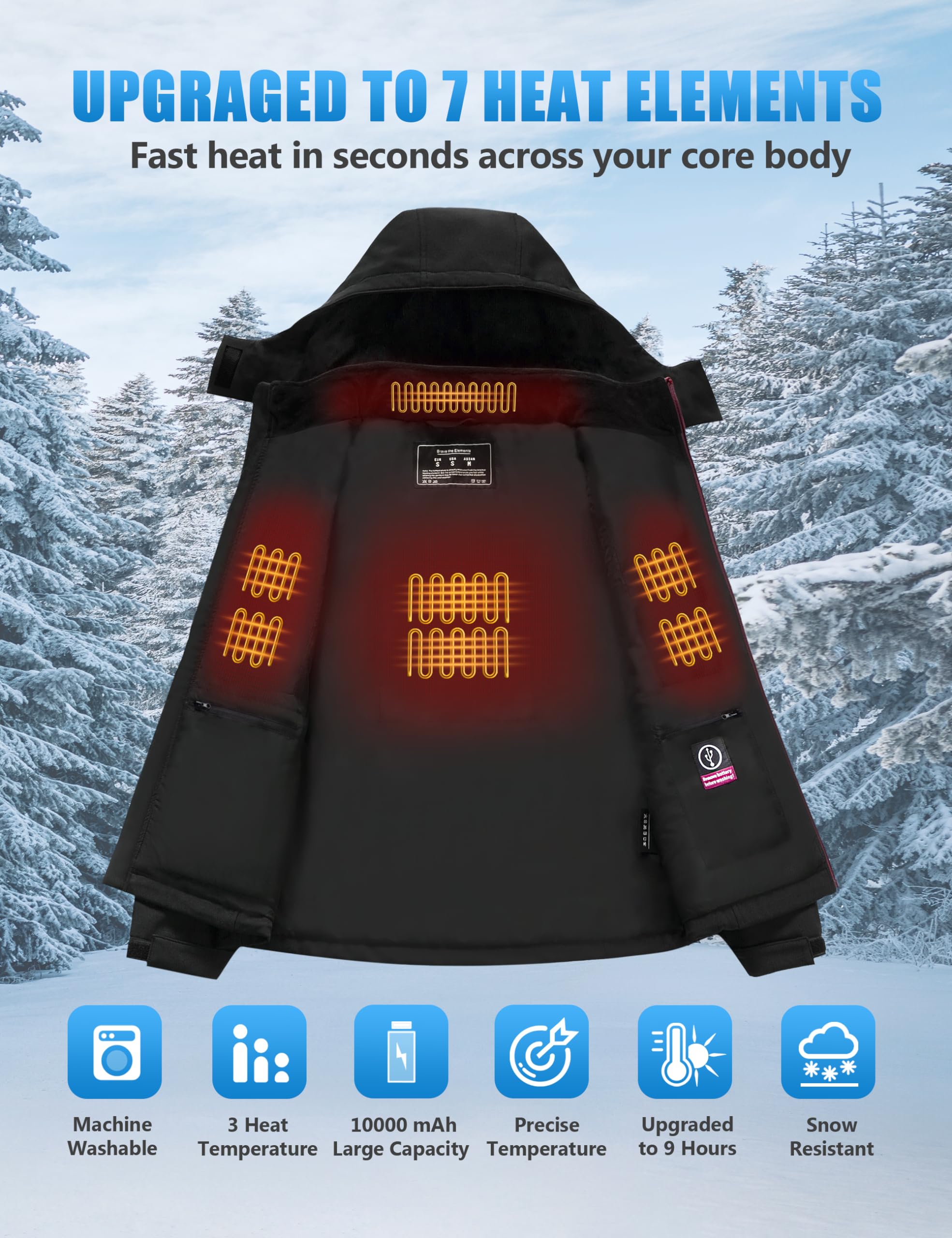 Vencede Women's Heated Jacket with 10000mAh Battery Pack - Soft Shell Winter Coat with Detachable Hood - Perfect for Outdoor Activities, Skiing, Hiking & Cold Weather Commutes