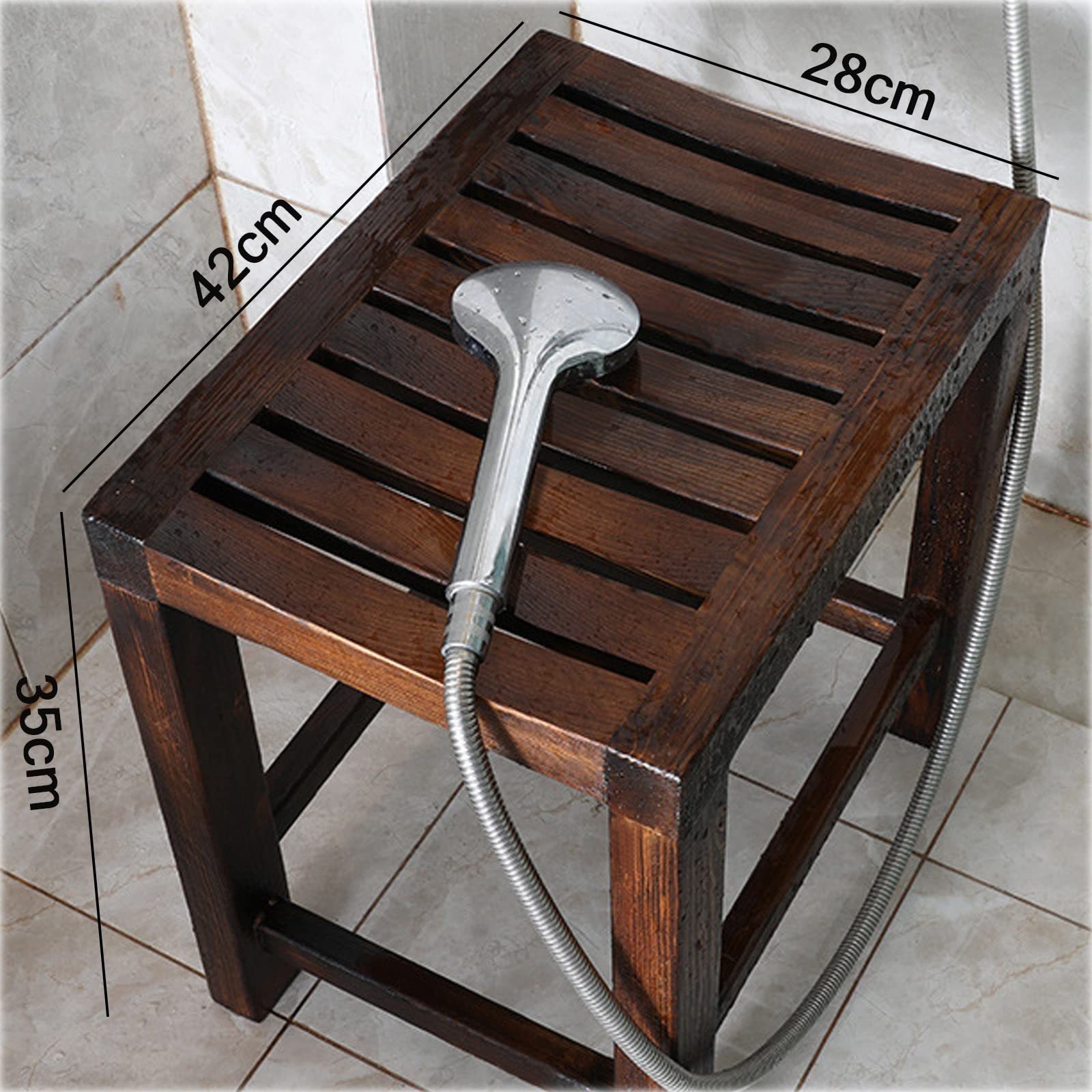 Waterproof Wooden Shower Stool for Adults - Non-Slip Bath Chair with Backrest for Elderly & Seniors - Spa Bathtub Stool for Bathroom, Living Room & Garden Use (42x28x35cm) - Ideal for Relaxing, Changing Shoes & Safe Bathing