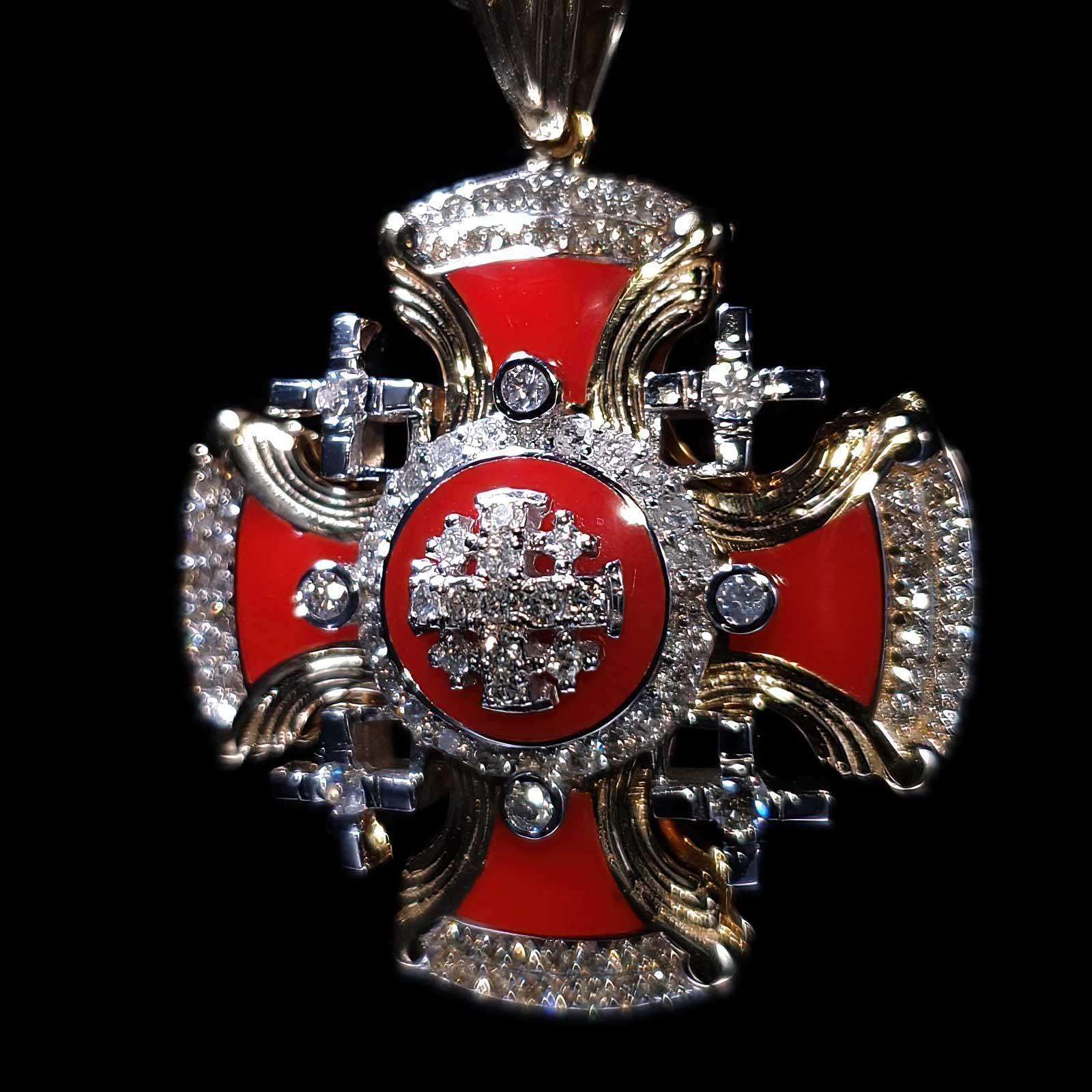 14K Gold Vintage Jerusalem Cross Pendant with Red Enamel & Diamond Accents - Religious Jewelry for Men & Women, Perfect for Gifts, Weddings & Faith-Based Occasions