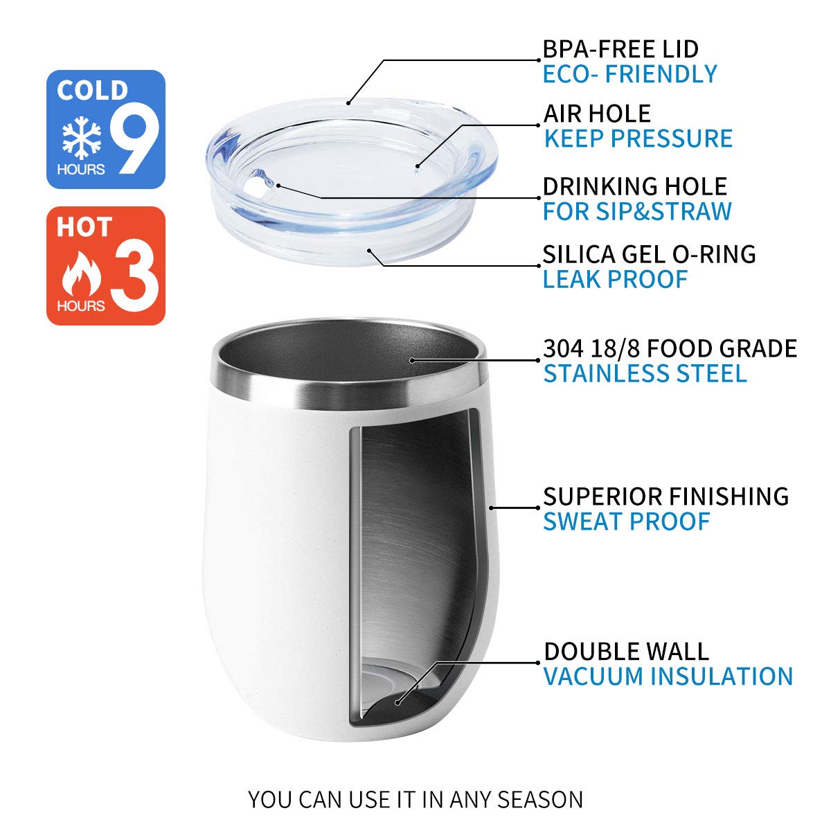 HASLE OUTFITTERS 12oz Stainless Steel Wine Tumbler with Lid - Double Wall Vacuum Insulated Stemless Wine Glass - Keeps Drinks Hot & Cold - Perfect for Coffee, Cocktails, Beer, Travel, Picnics & Outdoor Activities (6 Pack, White)