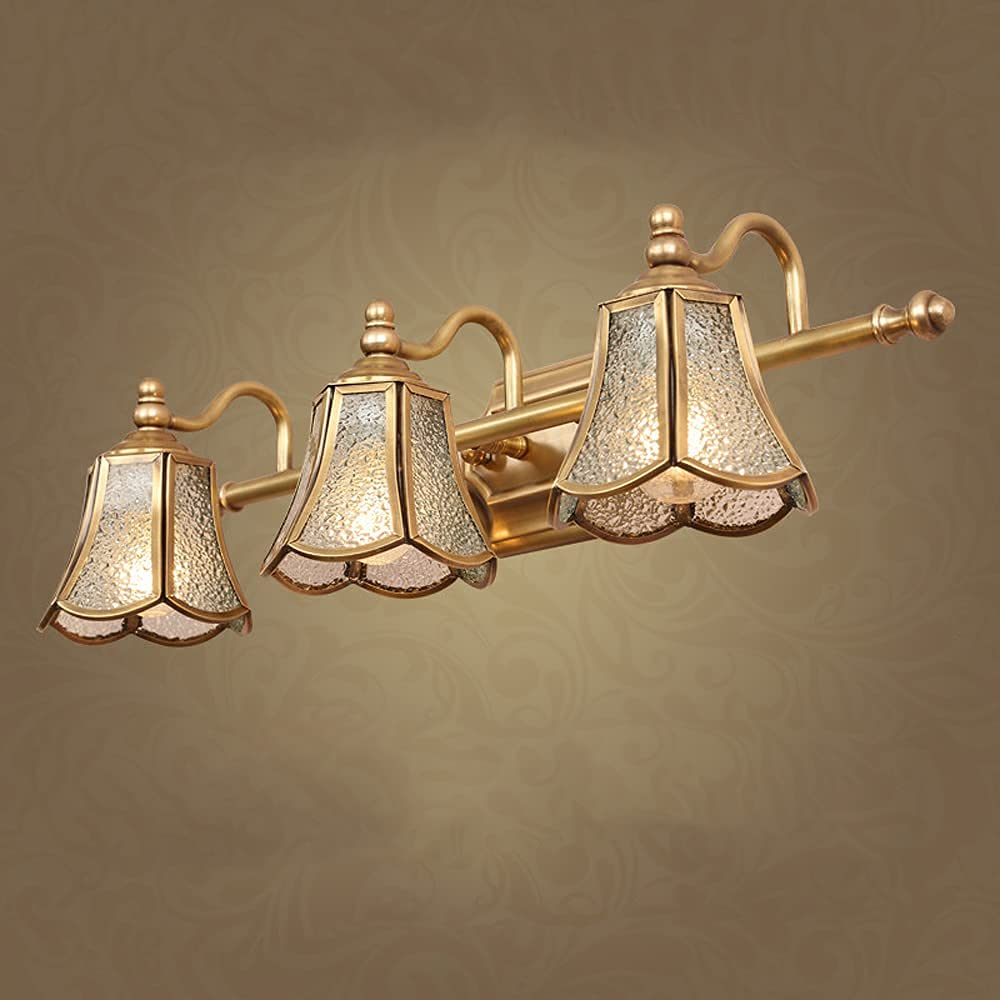 Vintage Brass Mirror Light - European Style E14 Bathroom Wall Sconce with Glass Shade, 3-Light Vanity Lighting for Mirror Cabinet, Dressing Table & Bathroom Decor | Perfect for Powder Rooms, Master Baths & Boudoirs
