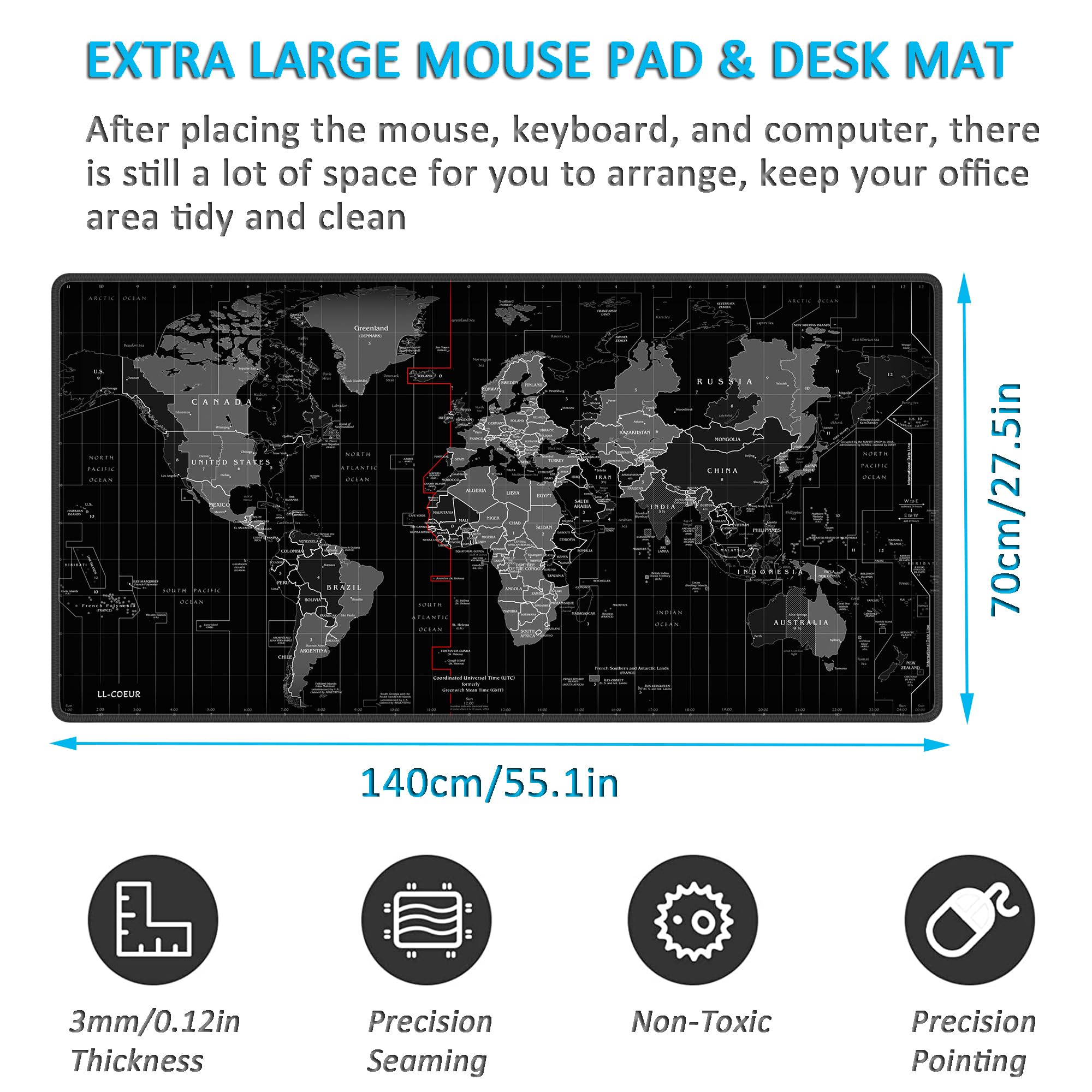 LL-COEUR XXL World Map Mouse Pad - 1400x700x3mm Large Gaming & Office Desk Mat for Laptop, PC - Perfect for Gamers, Work & Study