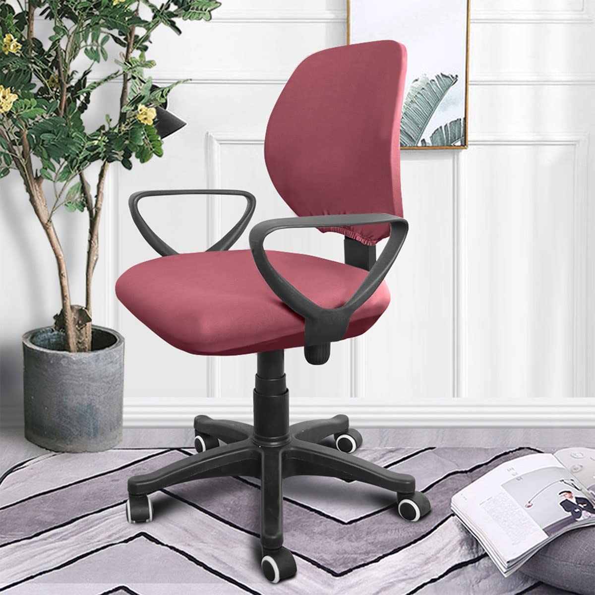 Split Rotating Desk Chair Seat Slipcover - Removable Stretch Office Chair Cover - Polyester Elastic Computer Chair Protector for Swivel & Armrest Chairs (Wine Red) - Perfect for Home Office, Gaming & Workspace Comfort