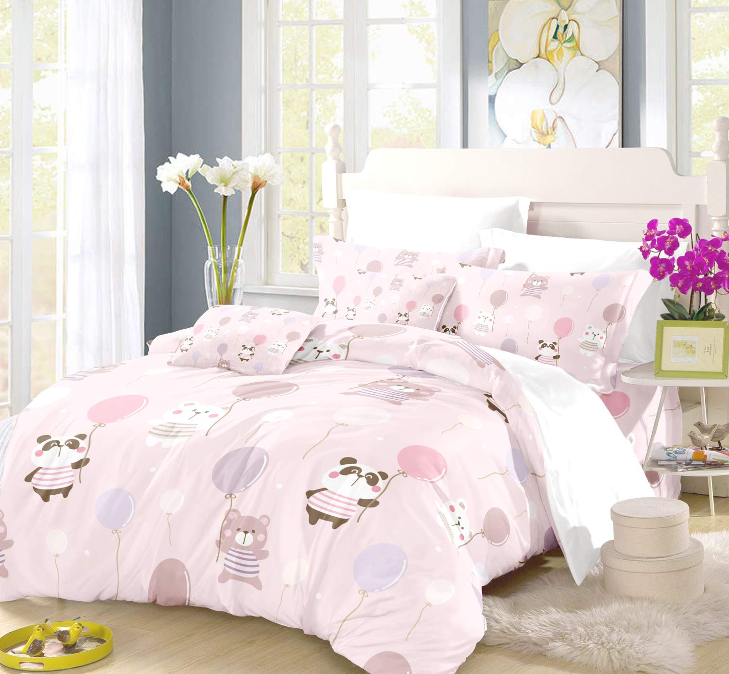**REALIN Cartoon Panda Duvet Cover Set - Cute Pink Panda & Colorful Balloons Bedding for Boys & Girls - 3/4PCS Microfiber Quilt Cover, Sheets & Pillow Shams - Perfect for Kids' Bedrooms, Sleepovers & Nursery Decor**