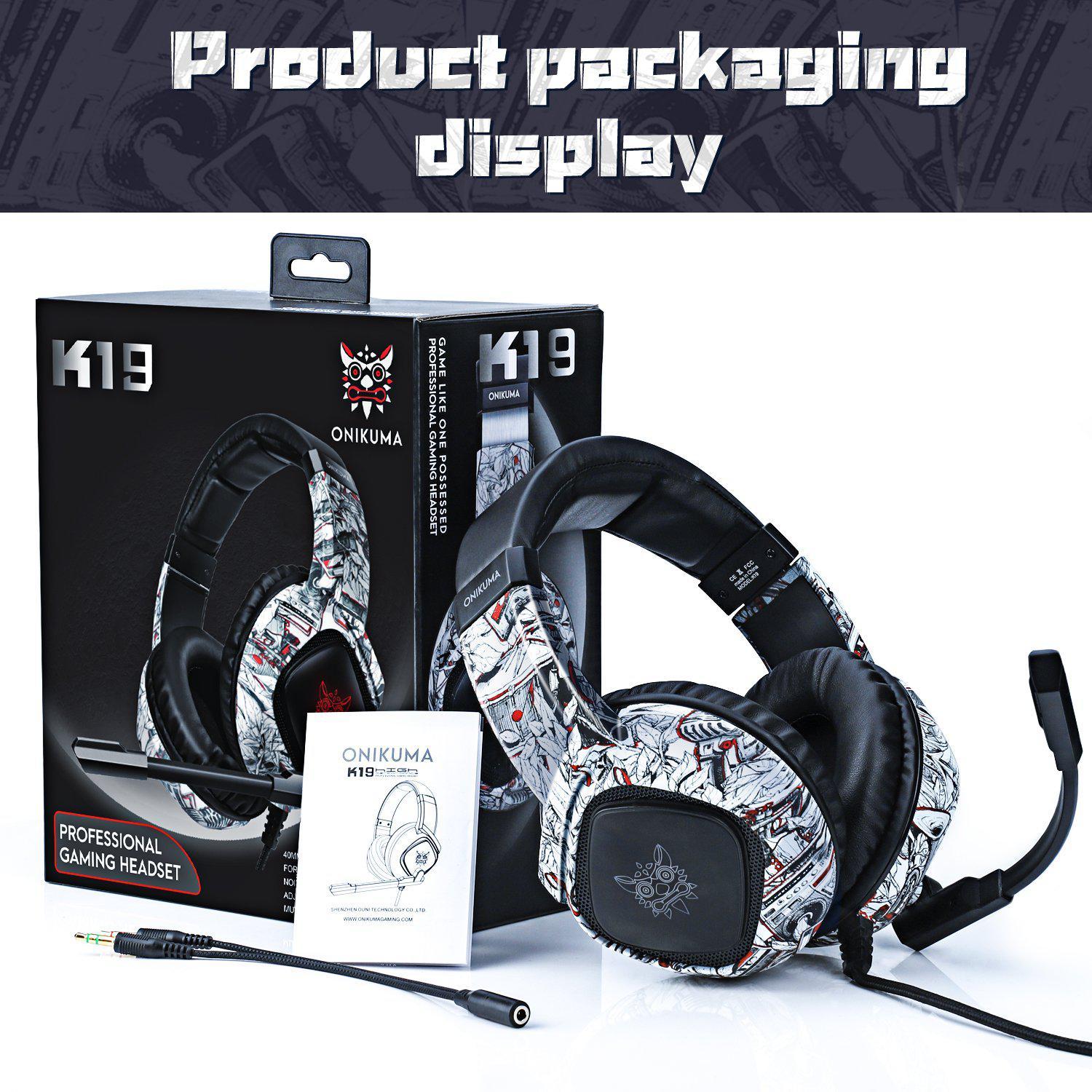 ONIKUMA K19 Professional Gaming Headset with RGB LED Lights - Noise Cancelling Mic, Comfortable Ear Cushions for PC, PS4, Xbox - Perfect for FPS Games & Late Night Gaming Sessions