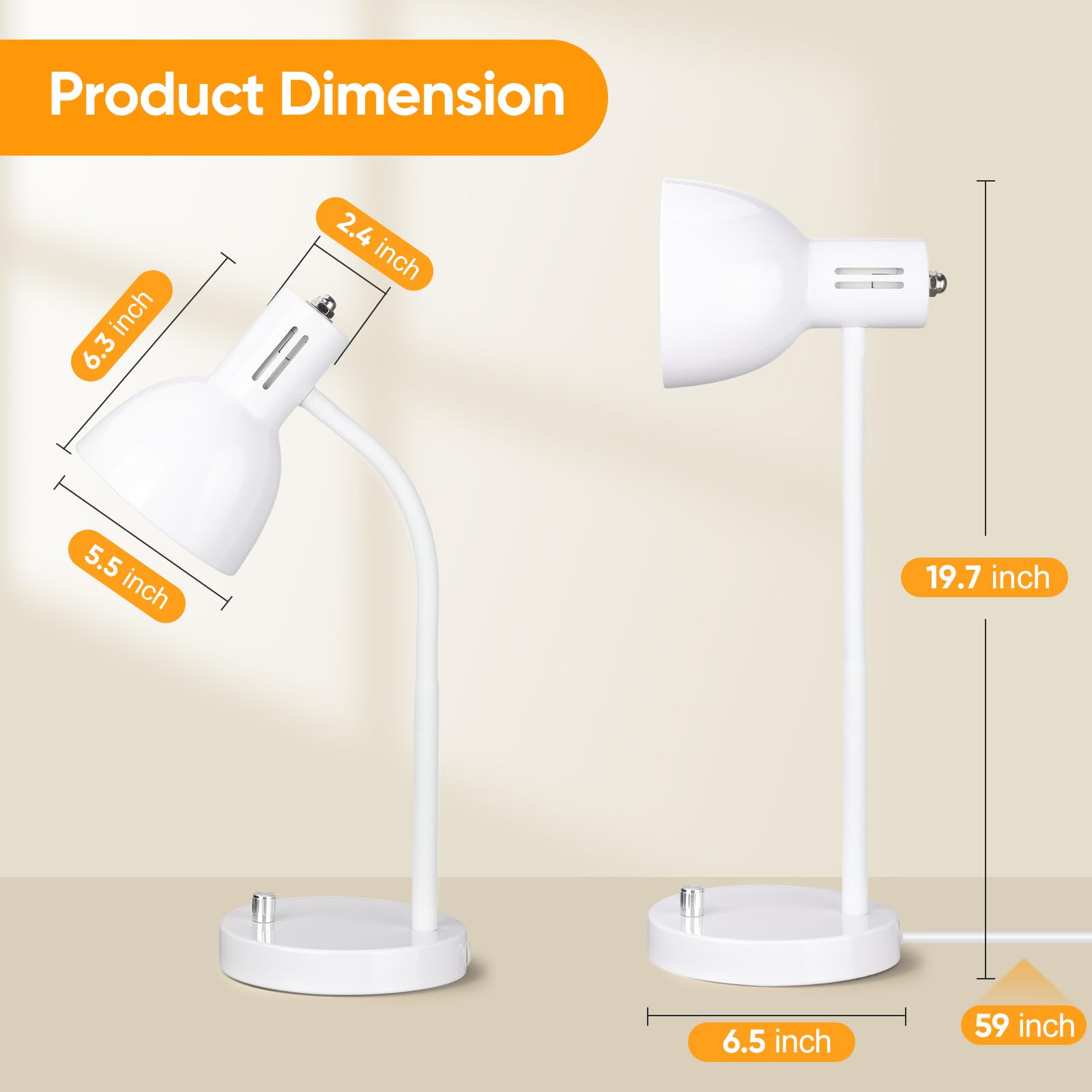 Energy-Saving LED Desk Lamp for Home Office & Study - Adjustable Brightness, Flexible Gooseneck, E26 Base - Perfect for Dorm Room, Bedside Table & Workspace (White) - Ideal for Reading, Working & Night Light Use