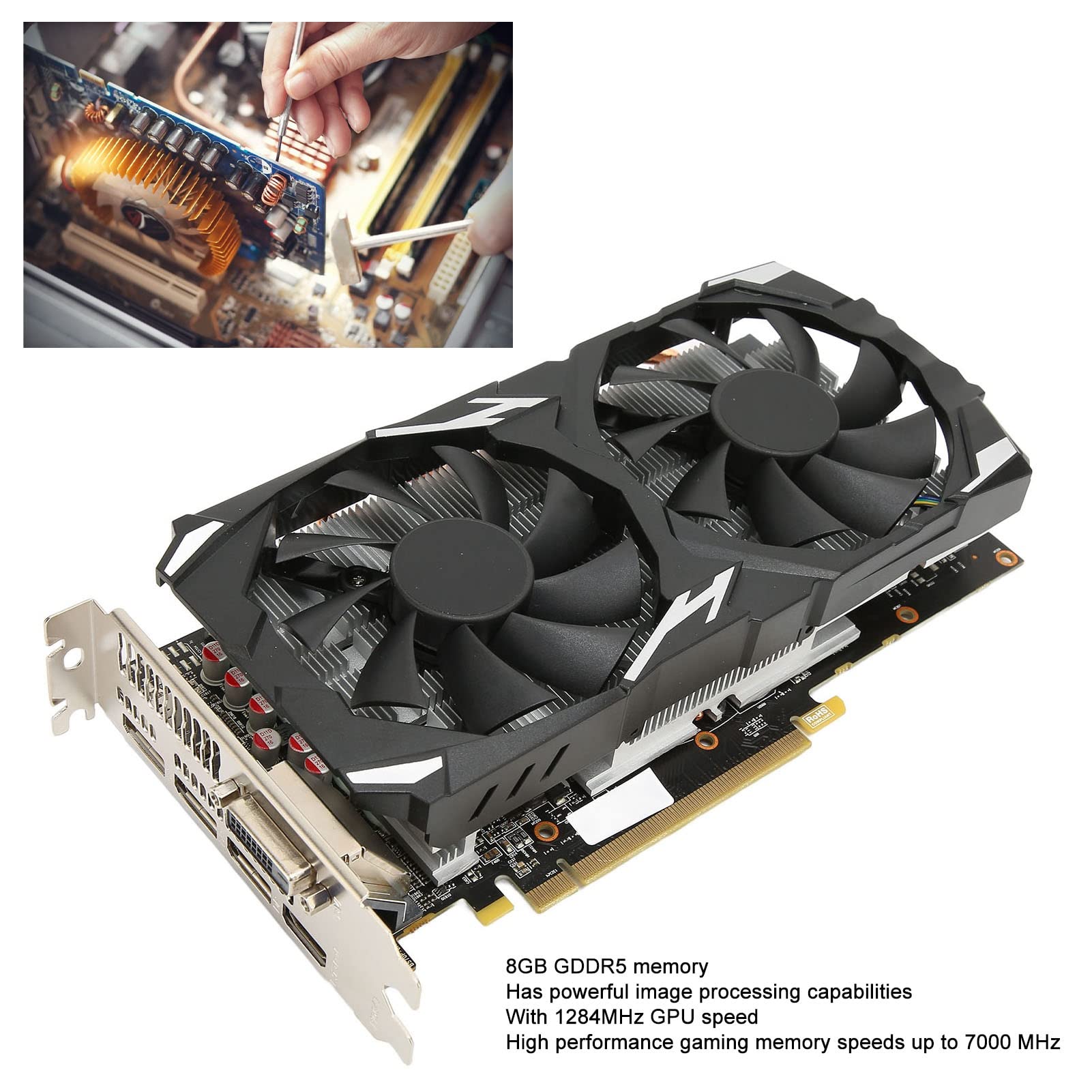 Bewinner RX580 8GB GDDR5 256-bit Gaming Graphics Card with Dual Fans (1284/7000MHz) - HDMI & 3x DP Ports for PC Gaming, Video Editing & Cryptocurrency Mining | High Performance Desktop GPU for Gamers & Content Creators