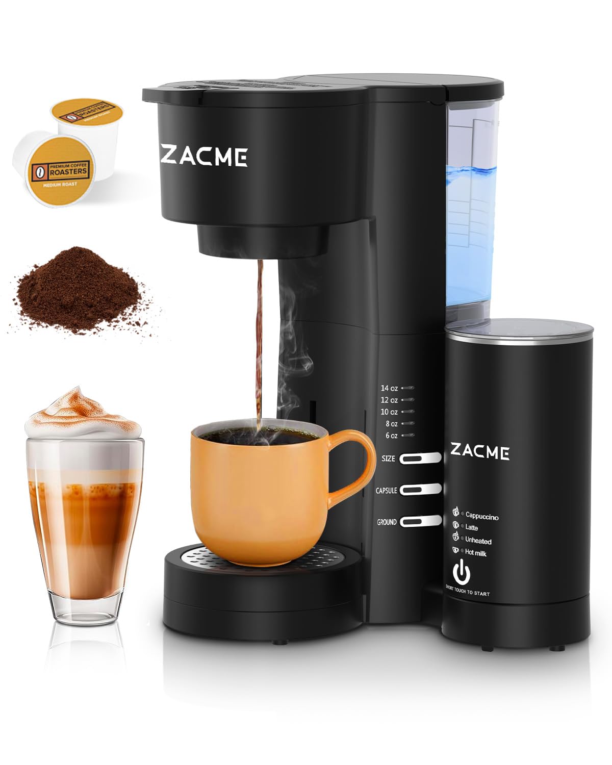 3-in-1 Single Serve Coffee Maker for K-Cups & Ground Coffee with Milk Frother - 28oz Water Tank, 6-14oz Brew Sizes - Perfect for Home, Office & Dorm Use