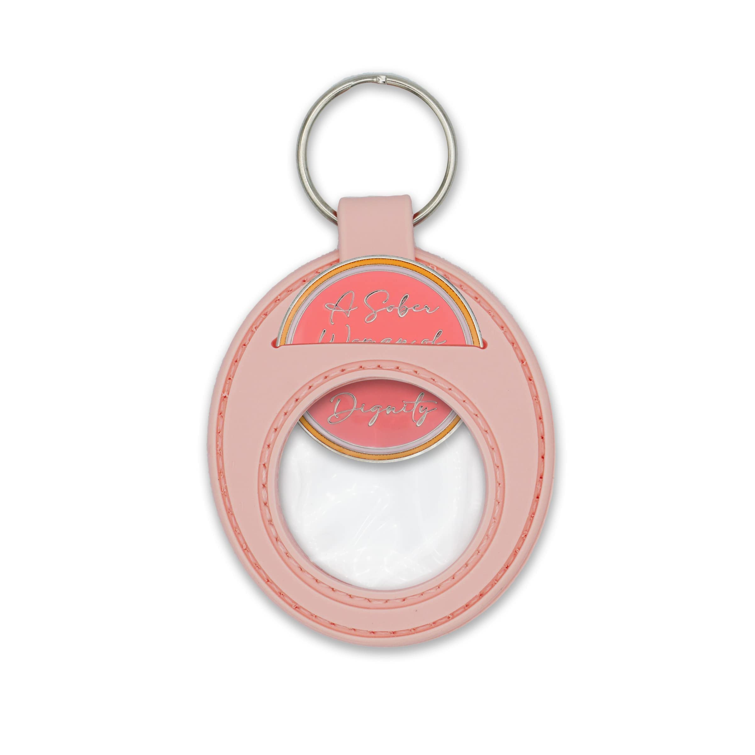 Sobriety Coin Holder Keychain - Displays Both Sides of AA Medallions, Recovery Tokens & Apple AirTag - Waterproof Scratchproof Soft Silicone Key Ring for 12 Step Programs - Perfect for AA Meetings, NA Recovery & Personal Motivation (Pink)
